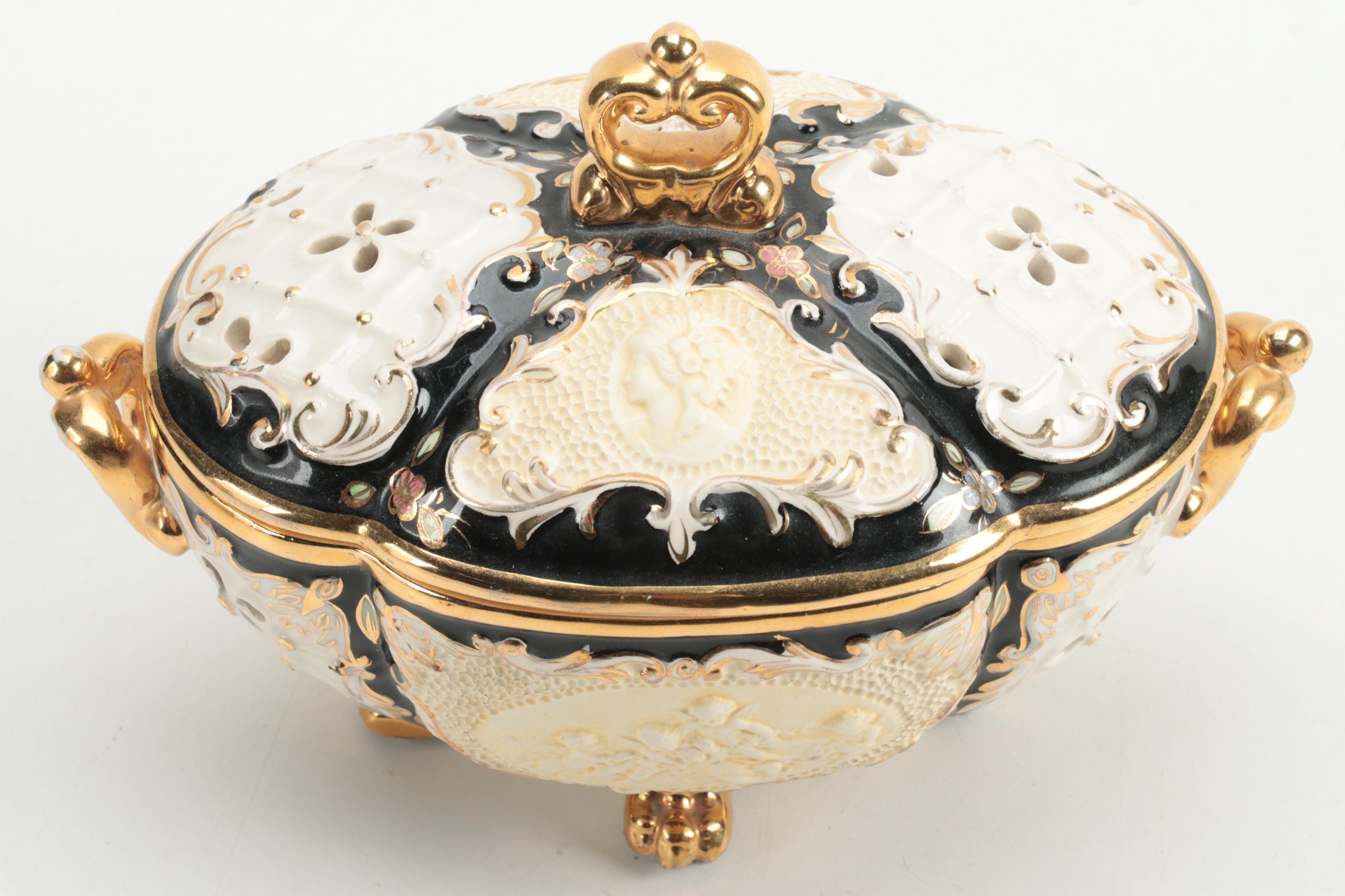 Cesello Italian Rocco Style Earthenware  Gilt Accented Potpourri Pot