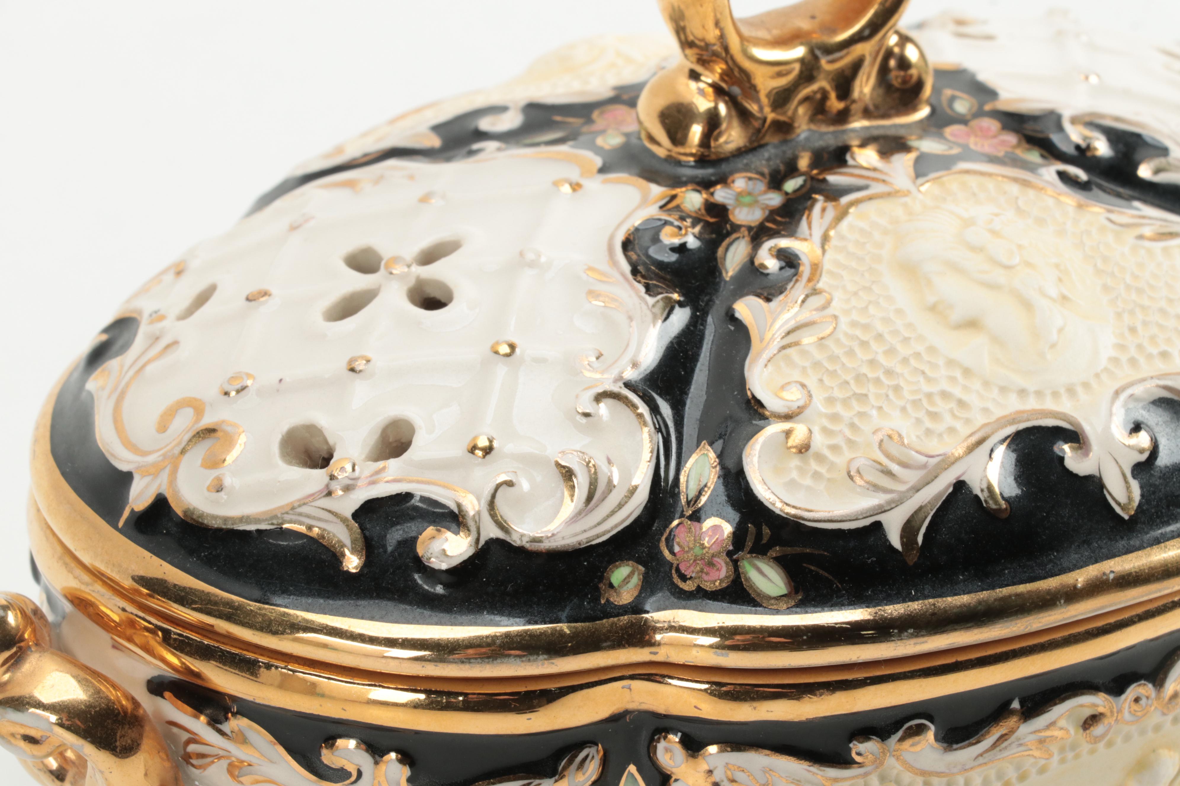 Cesello Italian Rocco Style Earthenware  Gilt Accented Potpourri Pot