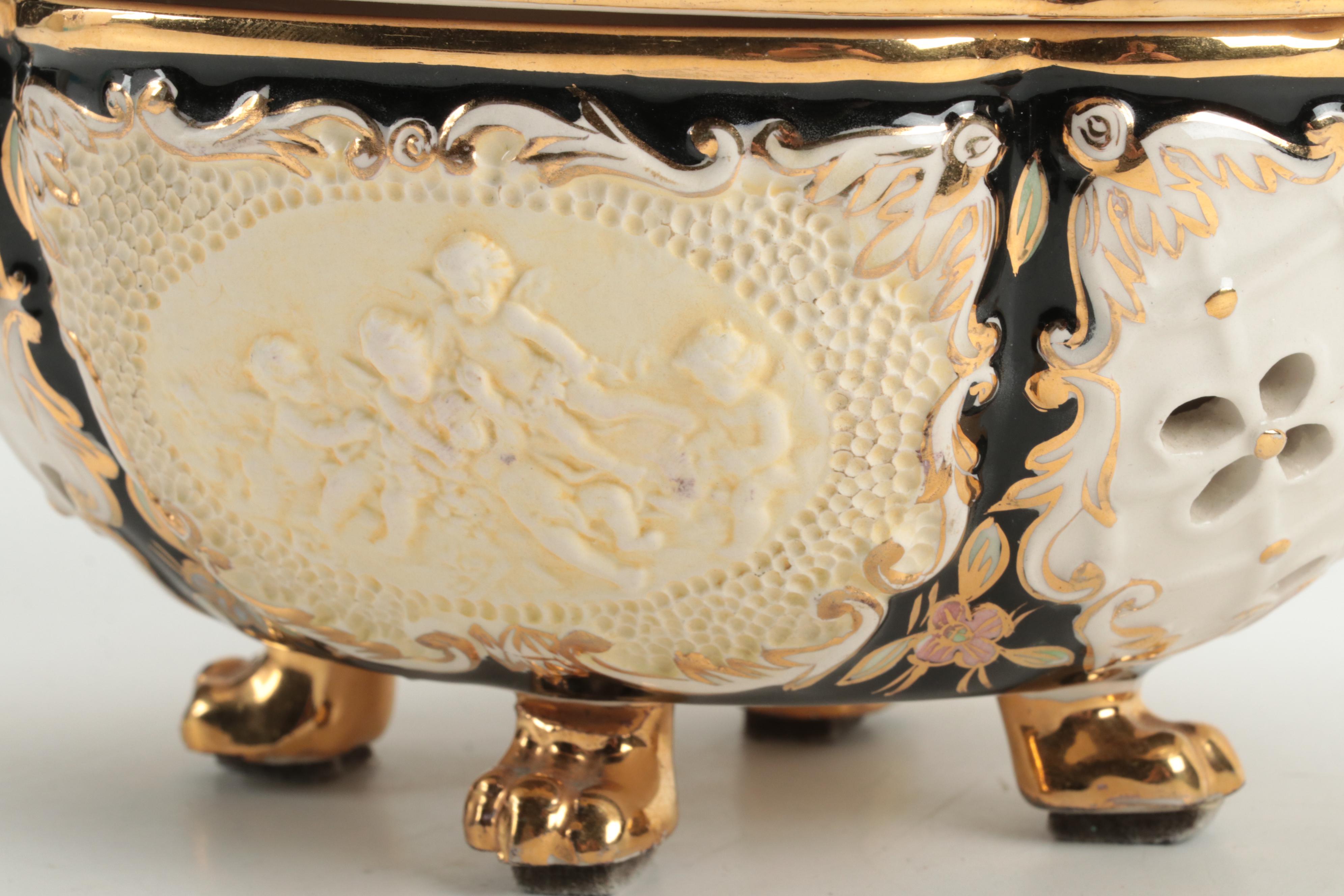 Cesello Italian Rocco Style Earthenware  Gilt Accented Potpourri Pot
