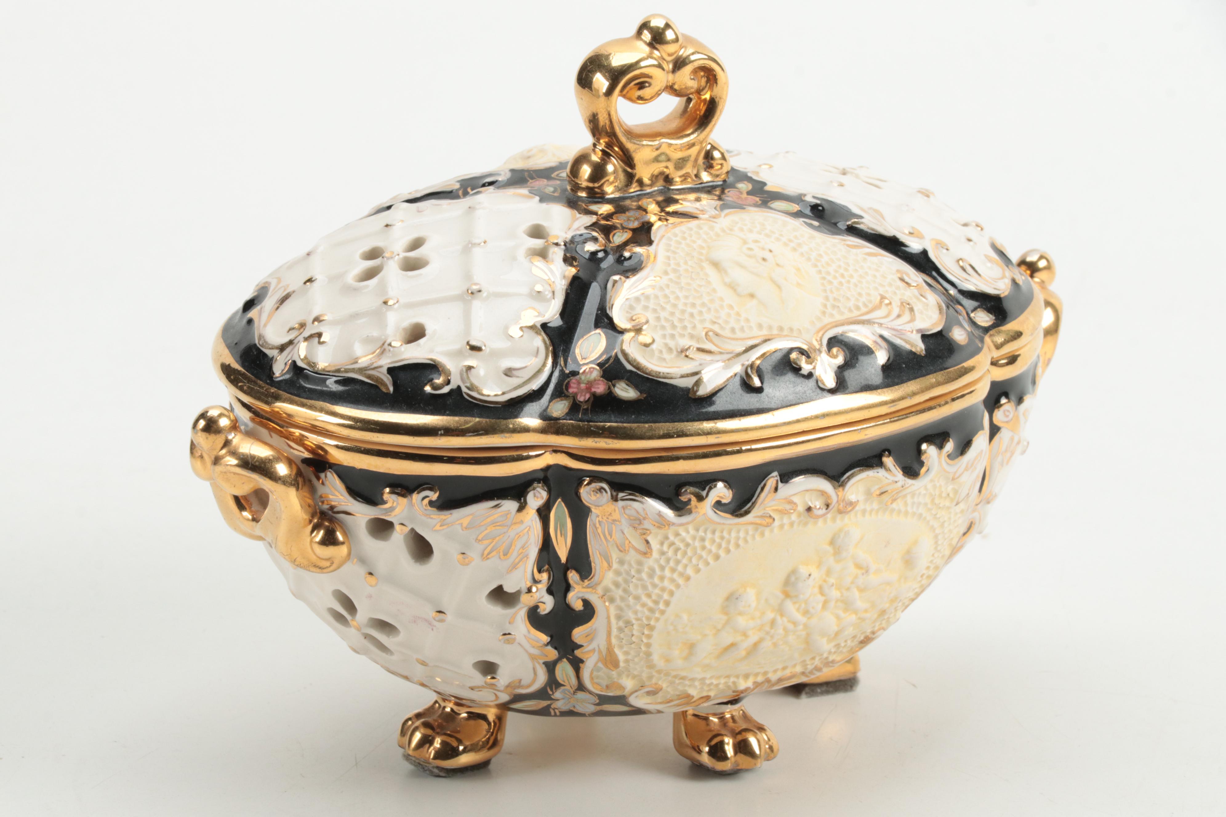 Cesello Italian Rocco Style Earthenware  Gilt Accented Potpourri Pot