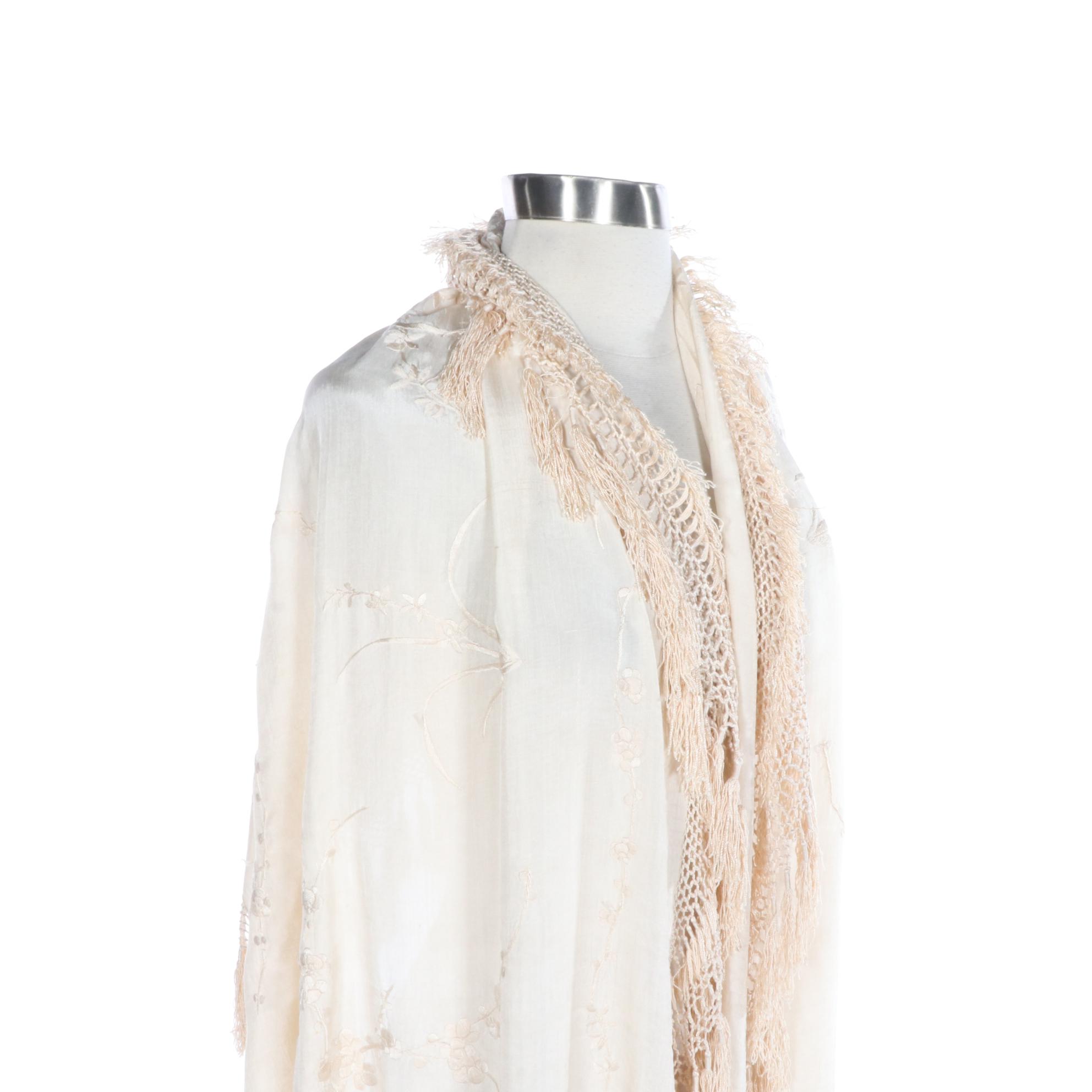Floral Embroidered Oblong Piano Shawl in Cream Silk with Hand-Knotted Fringe