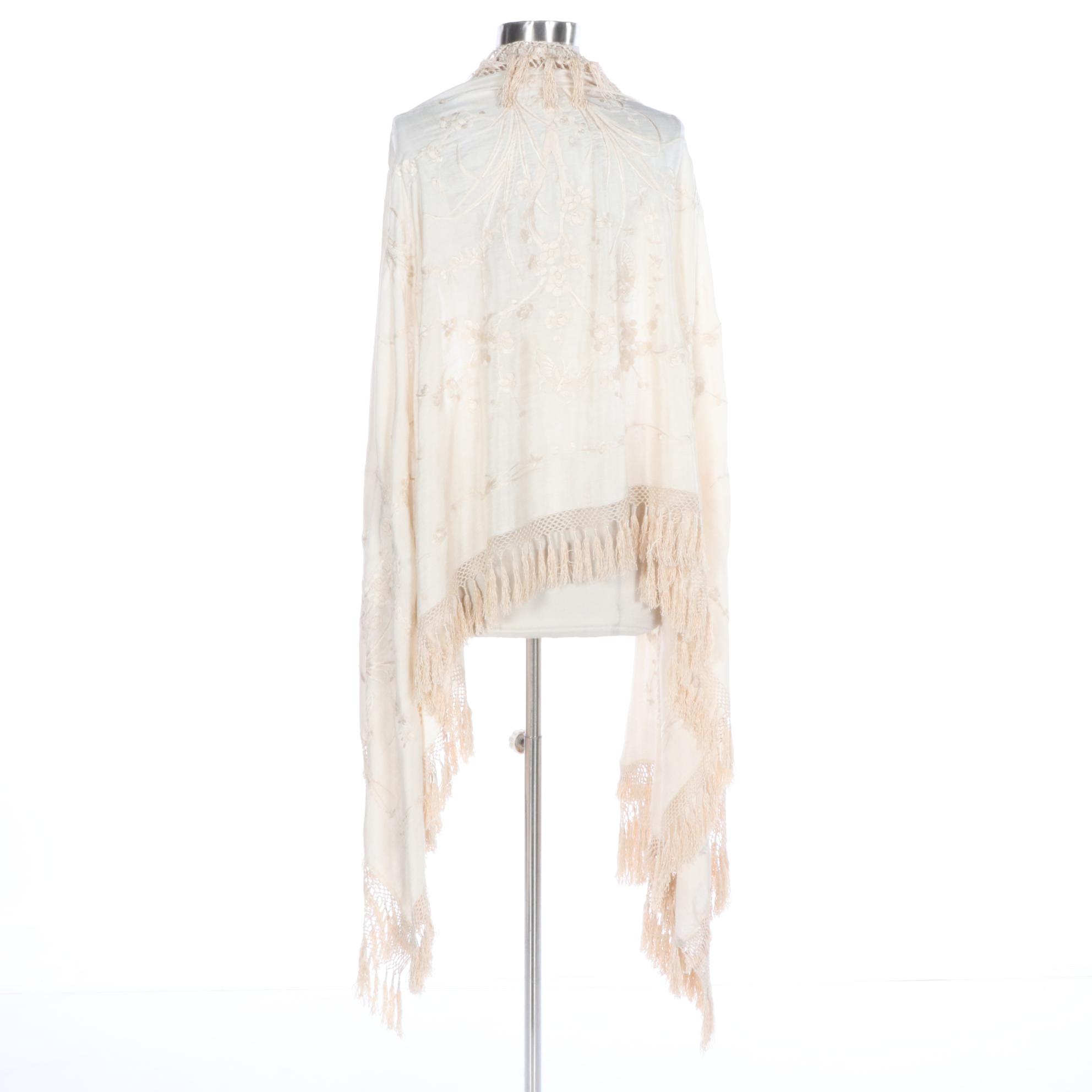 Floral Embroidered Oblong Piano Shawl in Cream Silk with Hand-Knotted Fringe