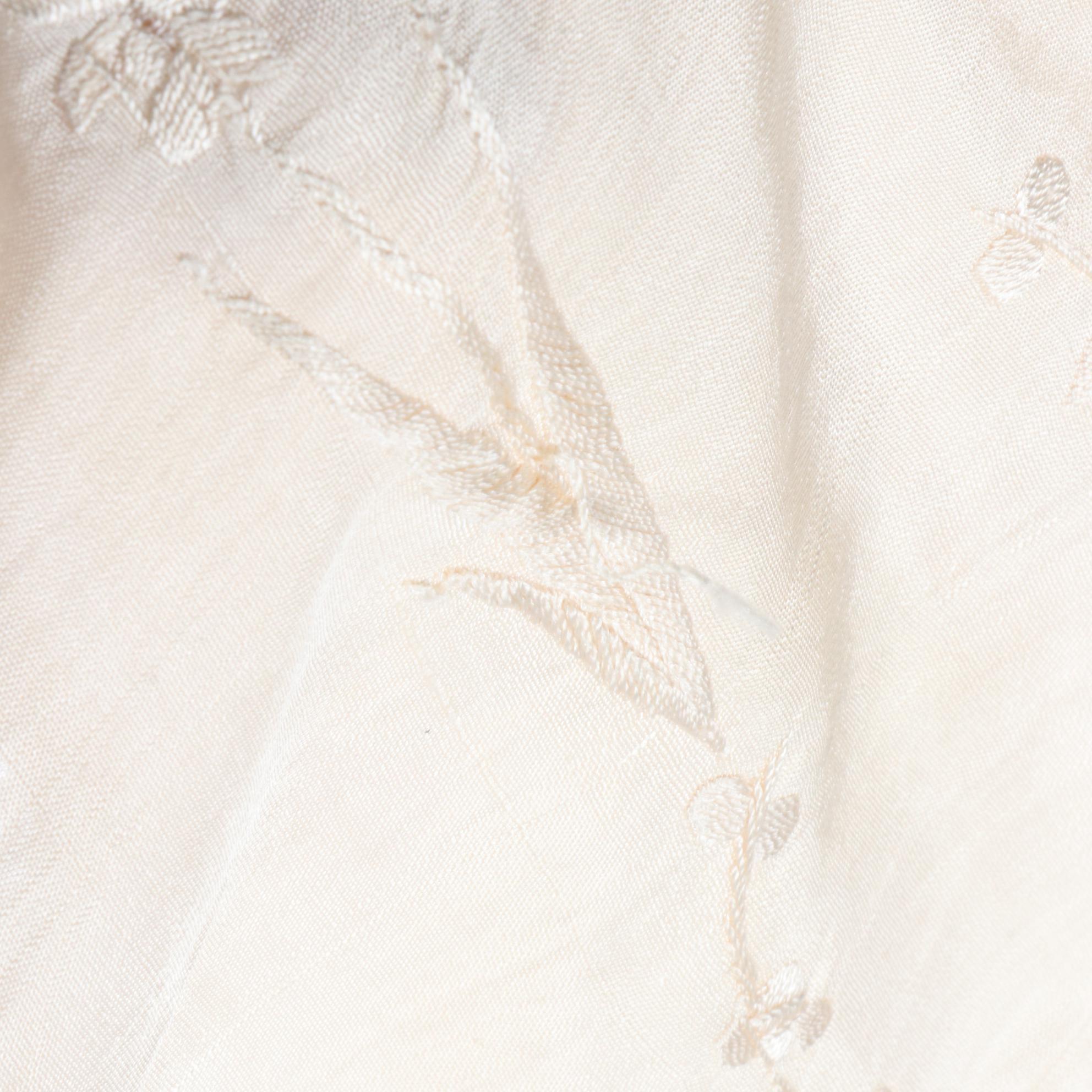 Floral Embroidered Oblong Piano Shawl in Cream Silk with Hand-Knotted Fringe