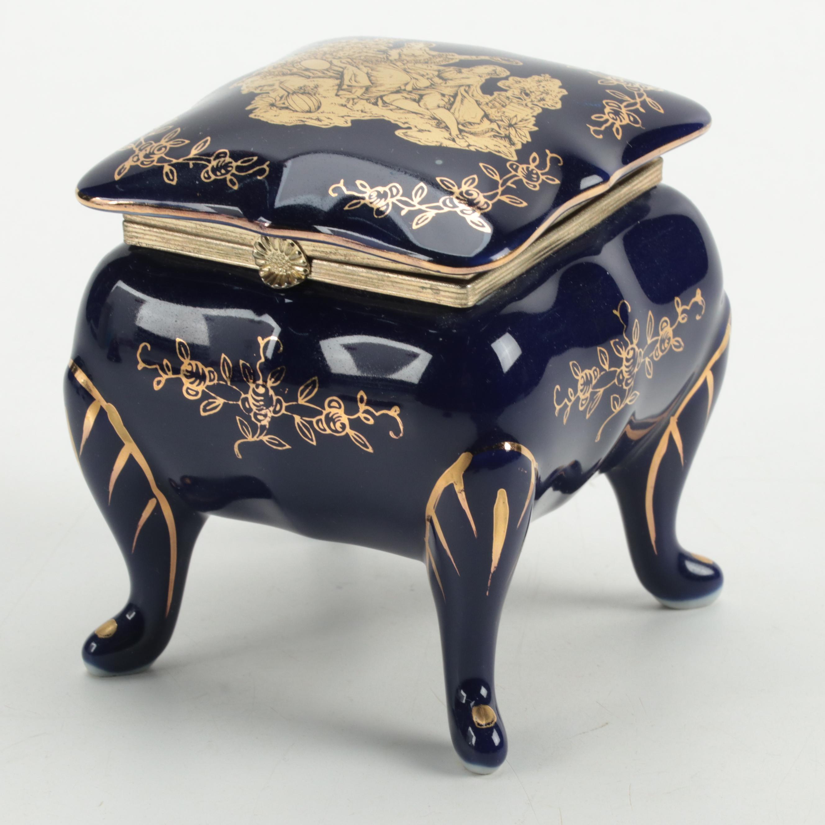 La Reine Gilded Cobalt Porcelain Trinket Box with Other Porcelain Box and Bell