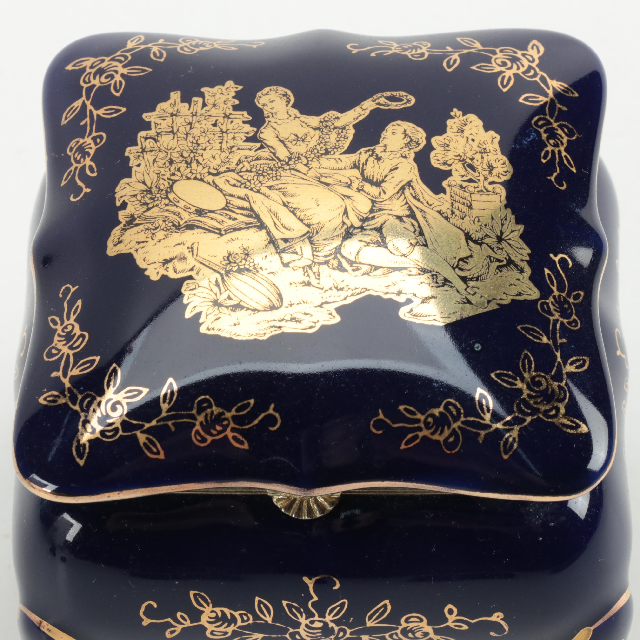 La Reine Gilded Cobalt Porcelain Trinket Box with Other Porcelain Box and Bell