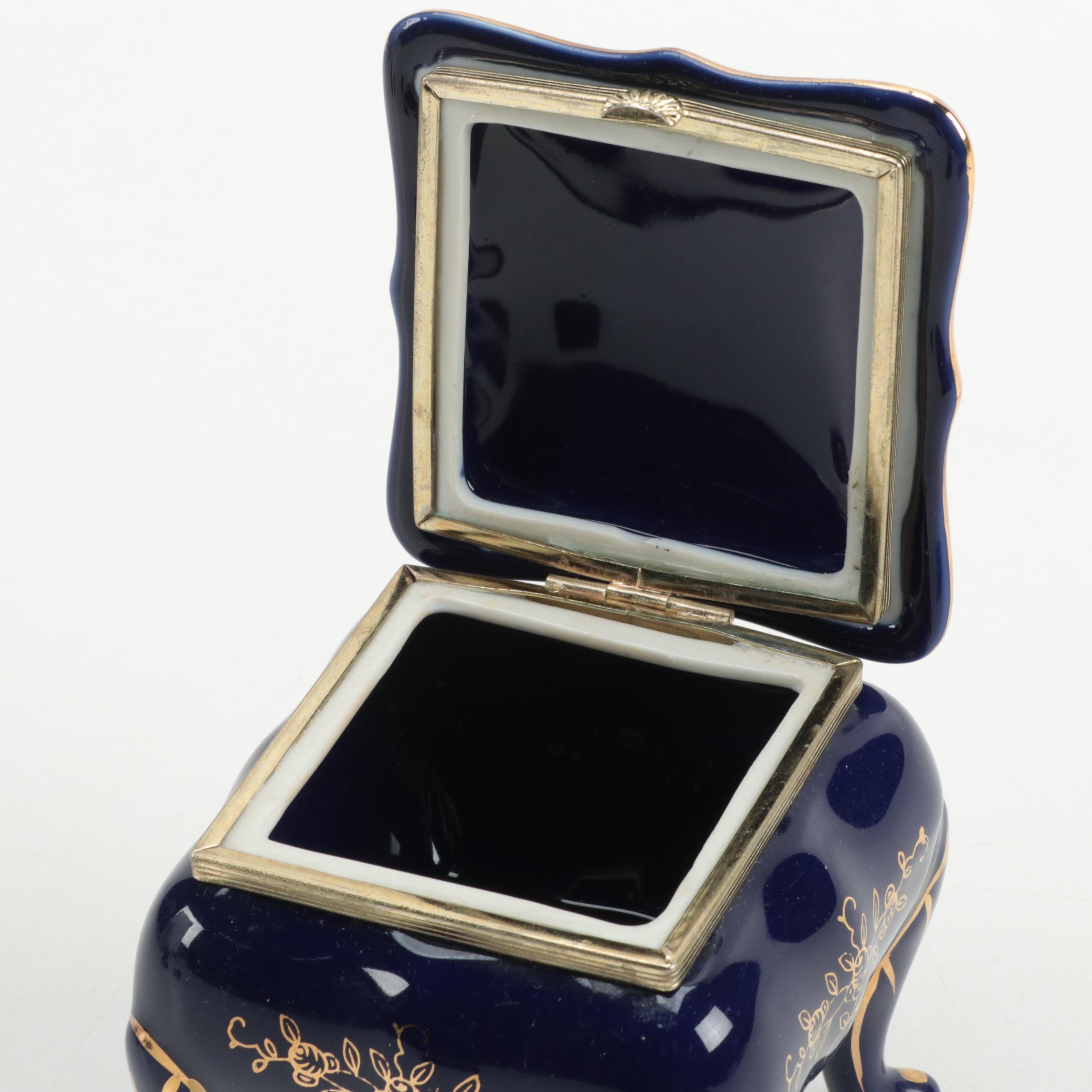 La Reine Gilded Cobalt Porcelain Trinket Box with Other Porcelain Box and Bell