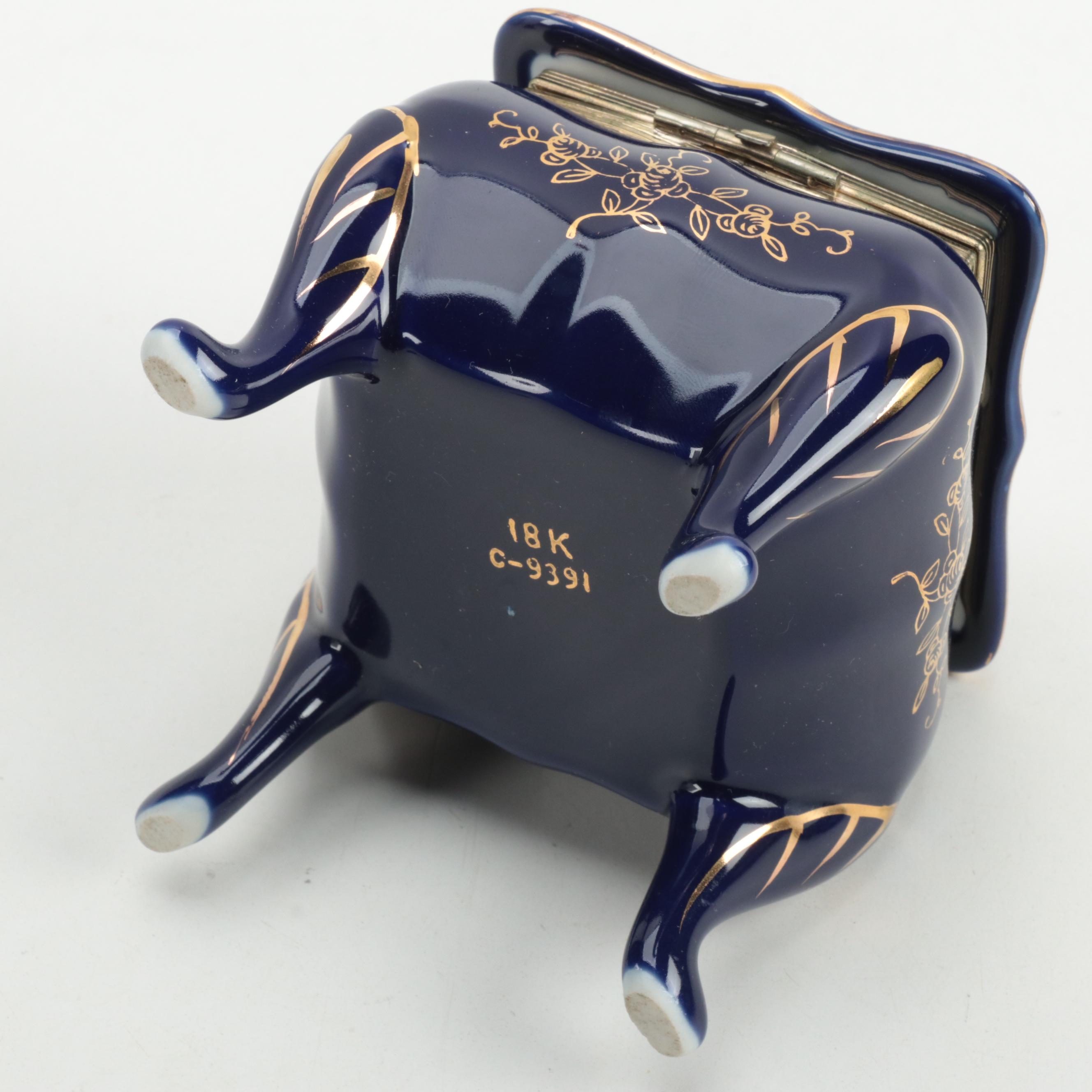 La Reine Gilded Cobalt Porcelain Trinket Box with Other Porcelain Box and Bell