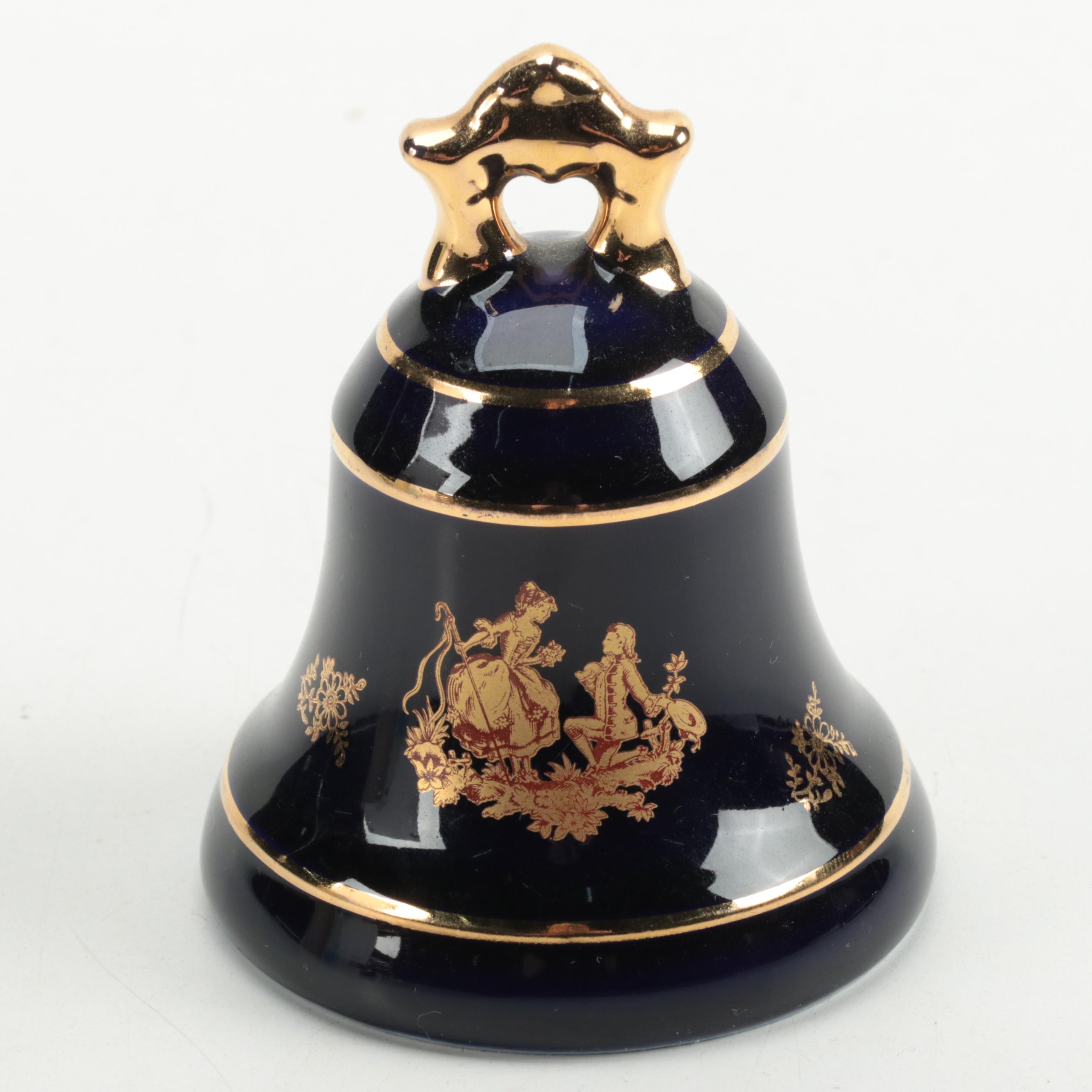 La Reine Gilded Cobalt Porcelain Trinket Box with Other Porcelain Box and Bell
