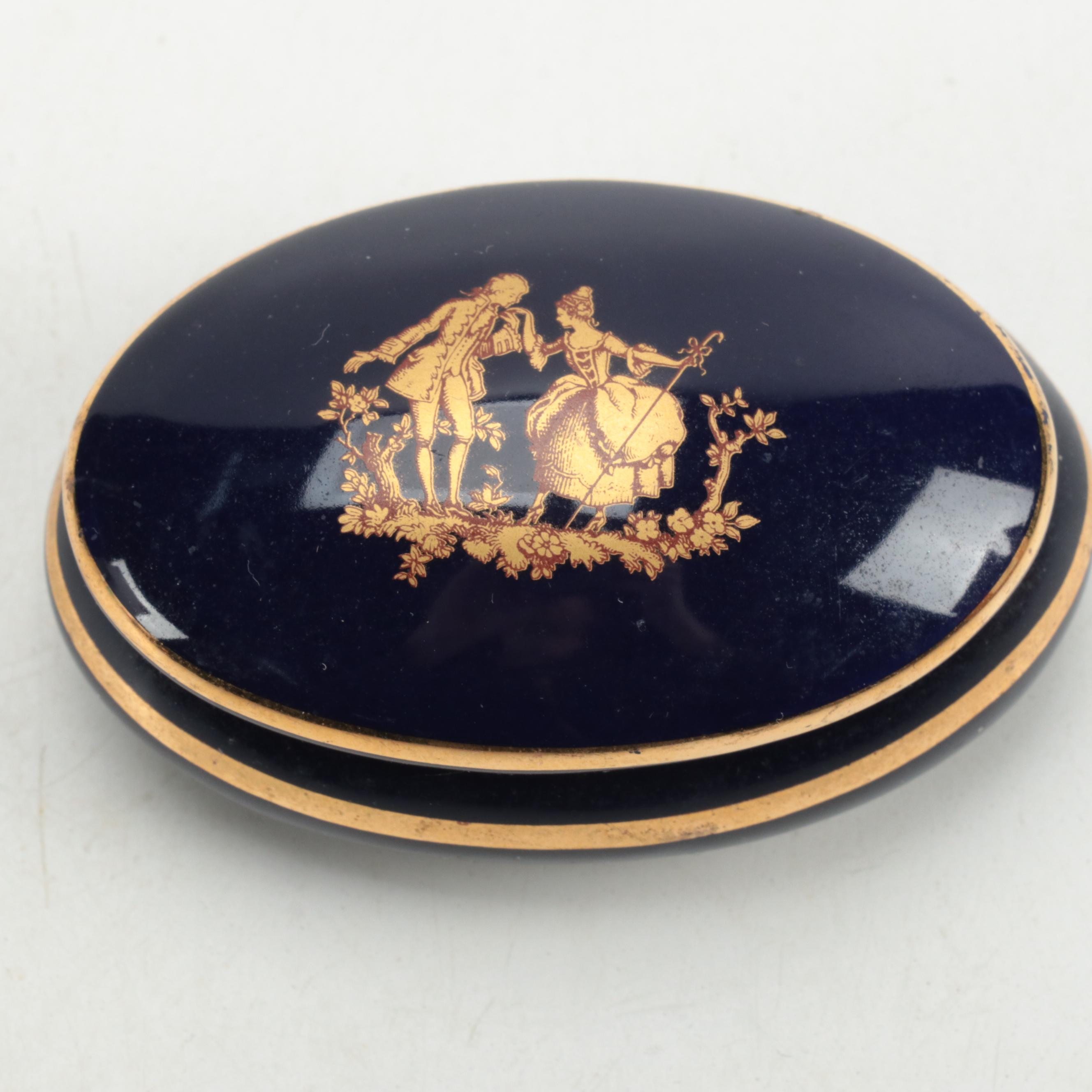 La Reine Gilded Cobalt Porcelain Trinket Box with Other Porcelain Box and Bell