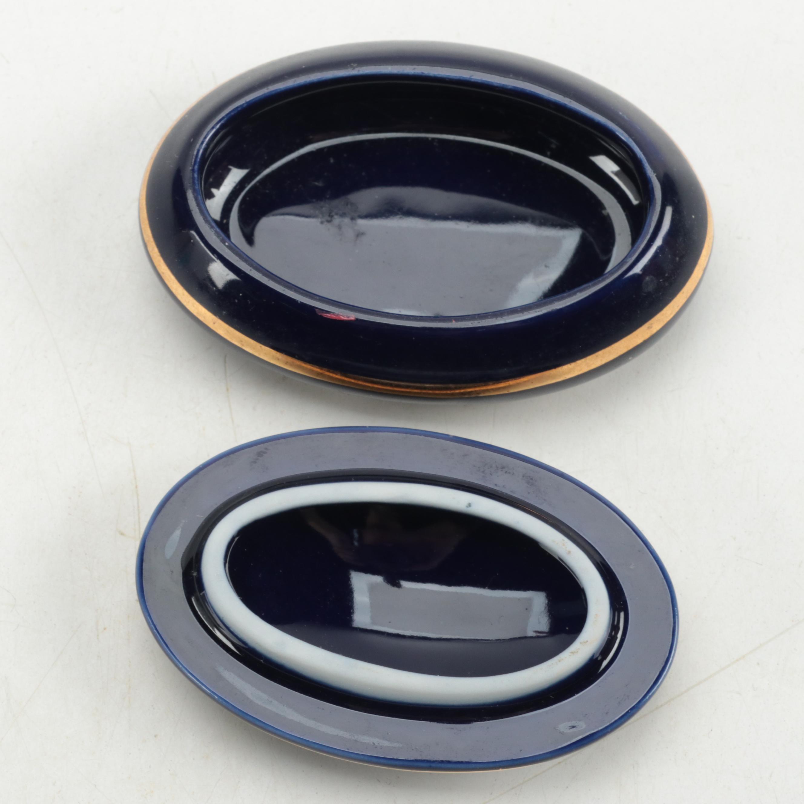 La Reine Gilded Cobalt Porcelain Trinket Box with Other Porcelain Box and Bell