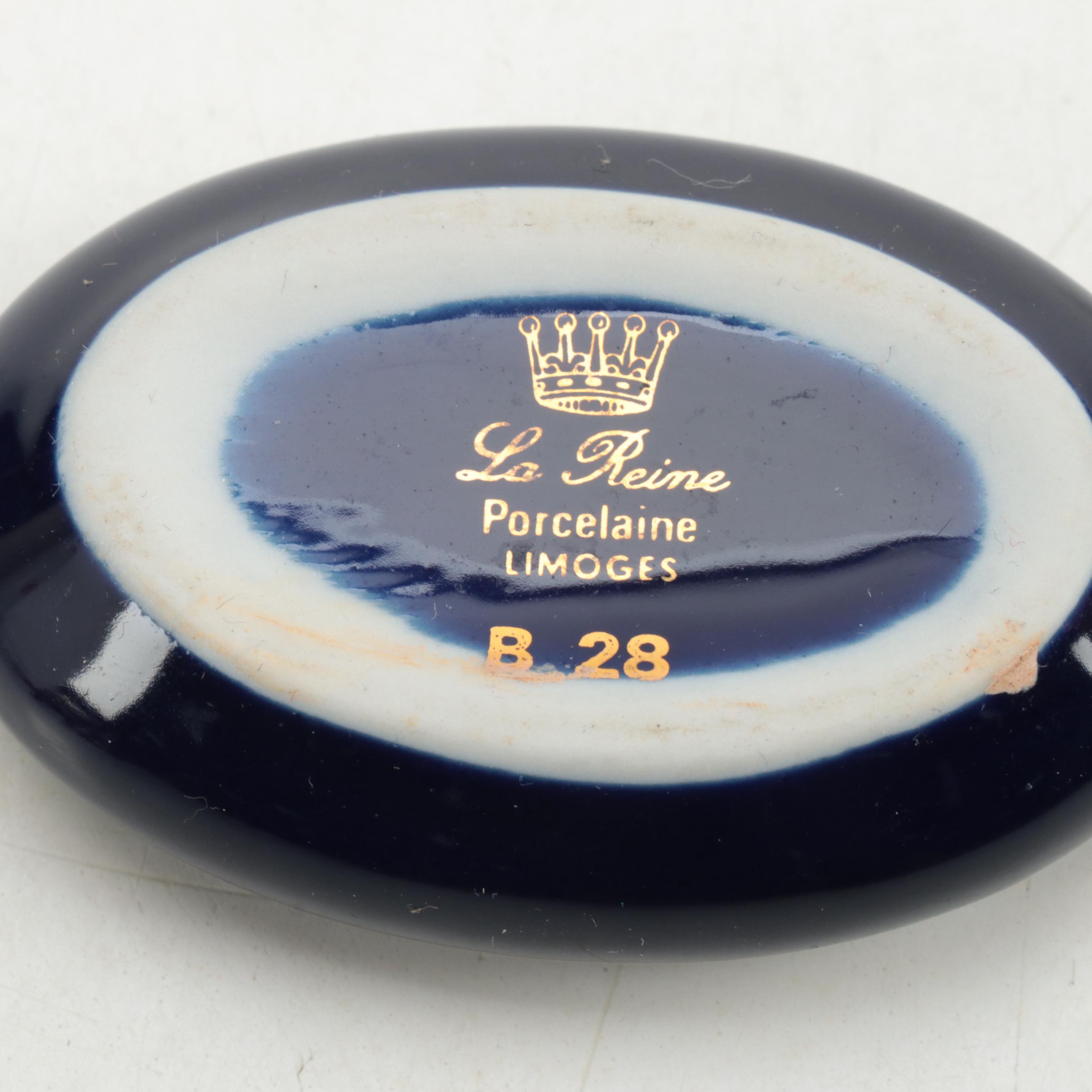 La Reine Gilded Cobalt Porcelain Trinket Box with Other Porcelain Box and Bell