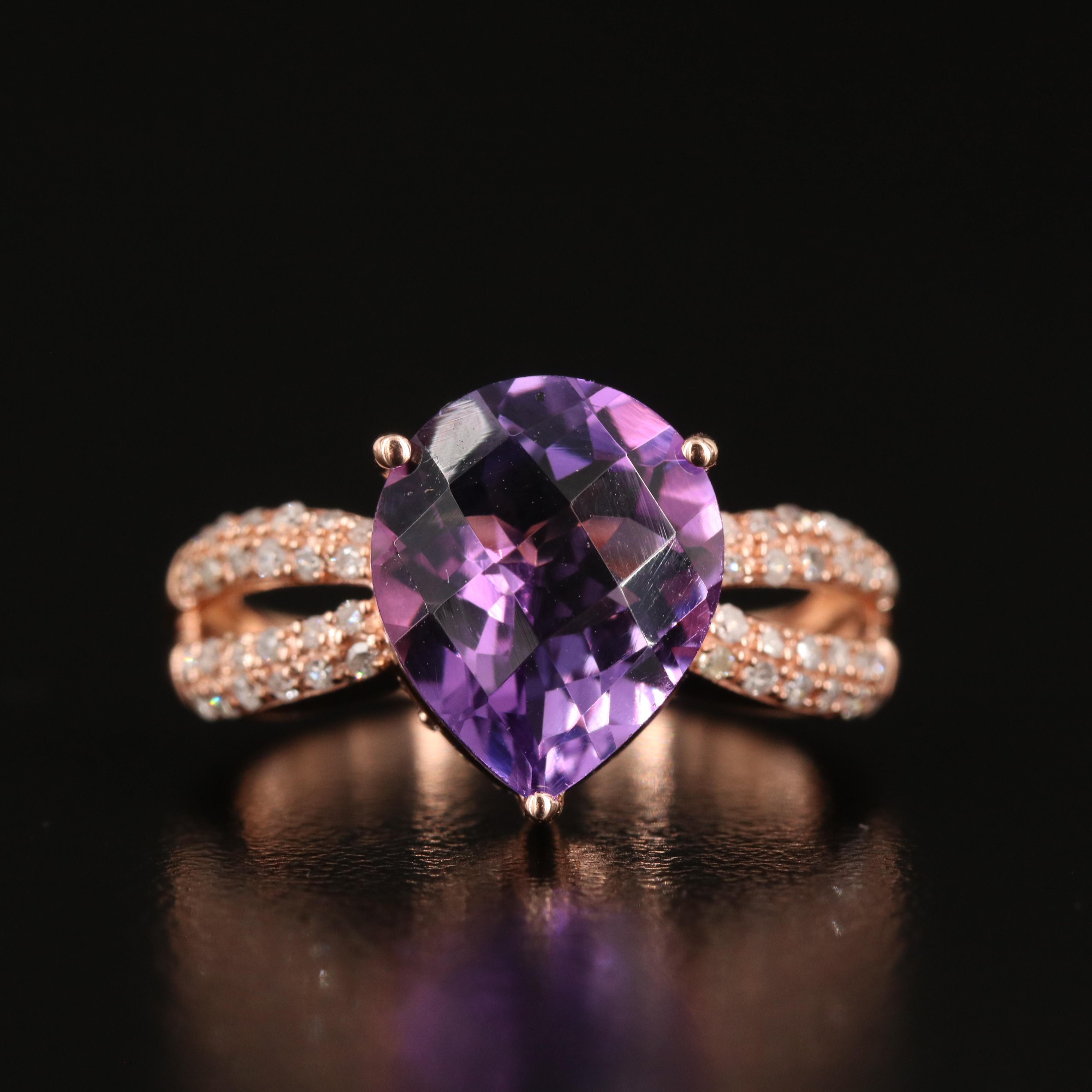 10K Rose Gold Amethyst and Diamond Teardrop Ring