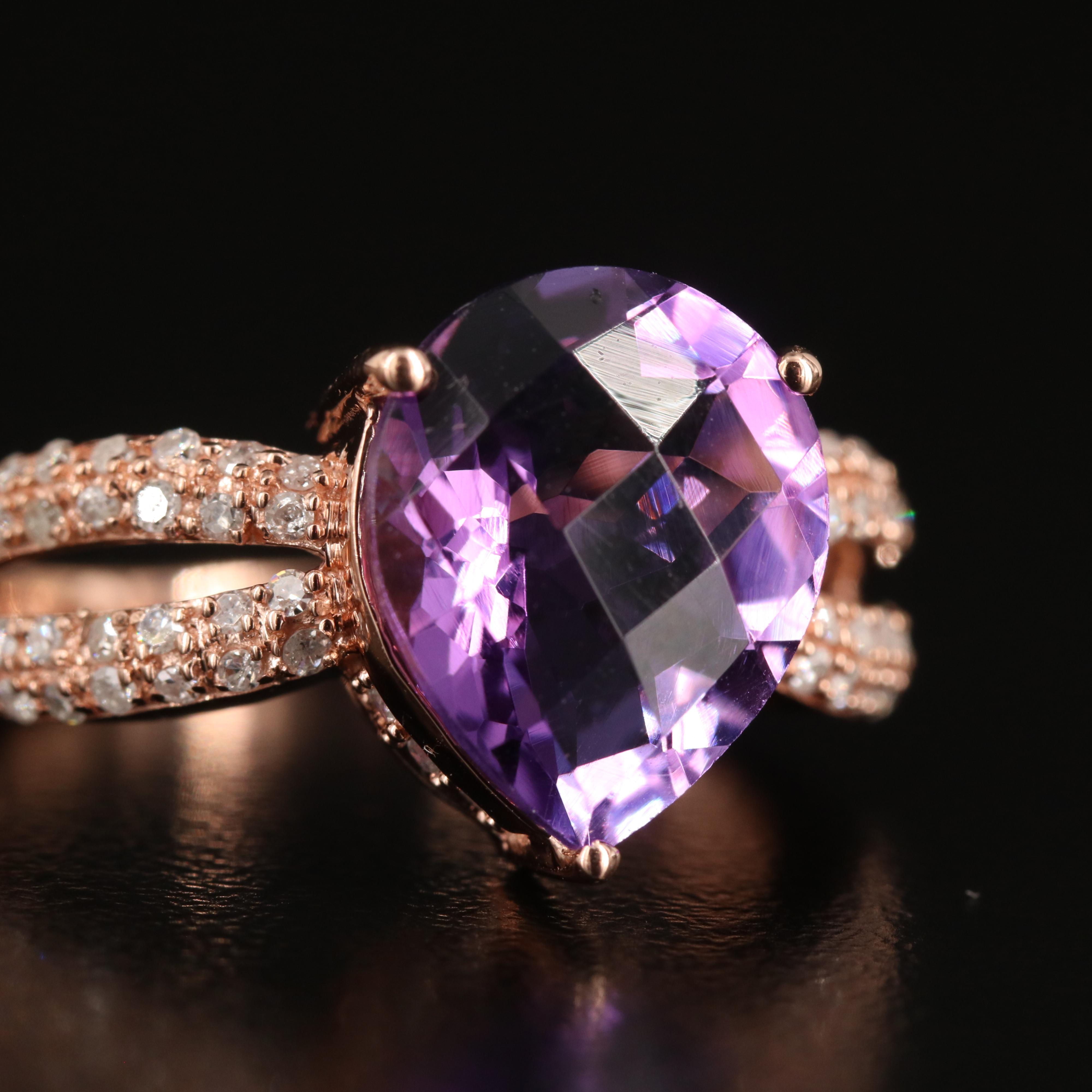 10K Rose Gold Amethyst and Diamond Teardrop Ring