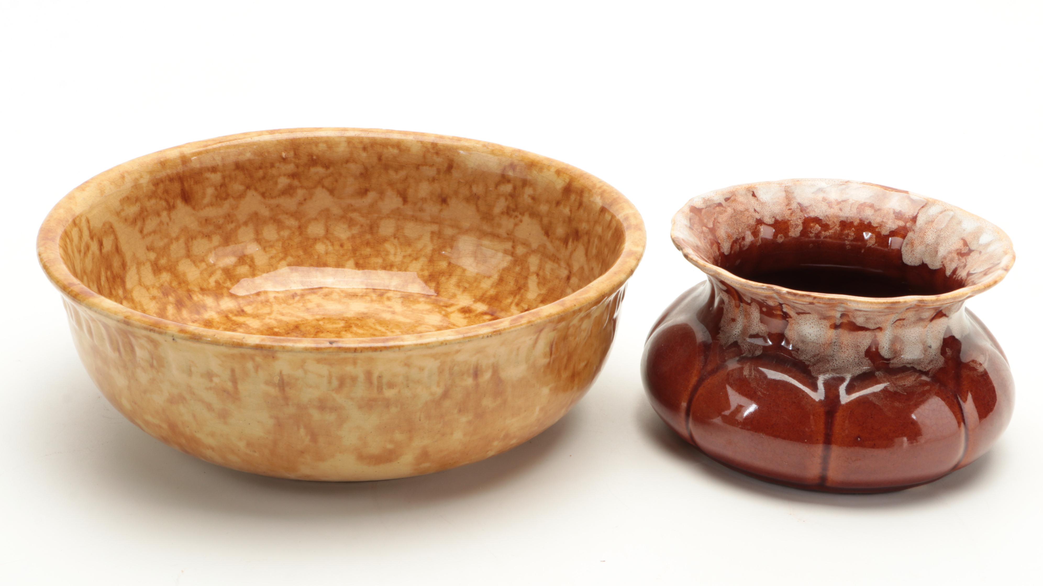 Brush Ceramic Spittoon with Yellowware Bowl and Casserole and Ewer Vase