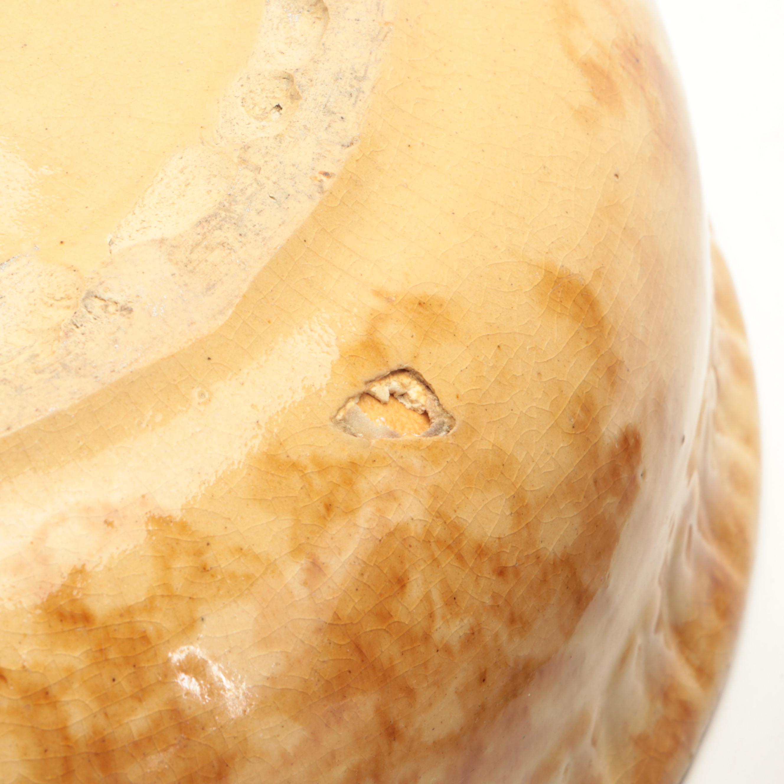 Brush Ceramic Spittoon with Yellowware Bowl and Casserole and Ewer Vase