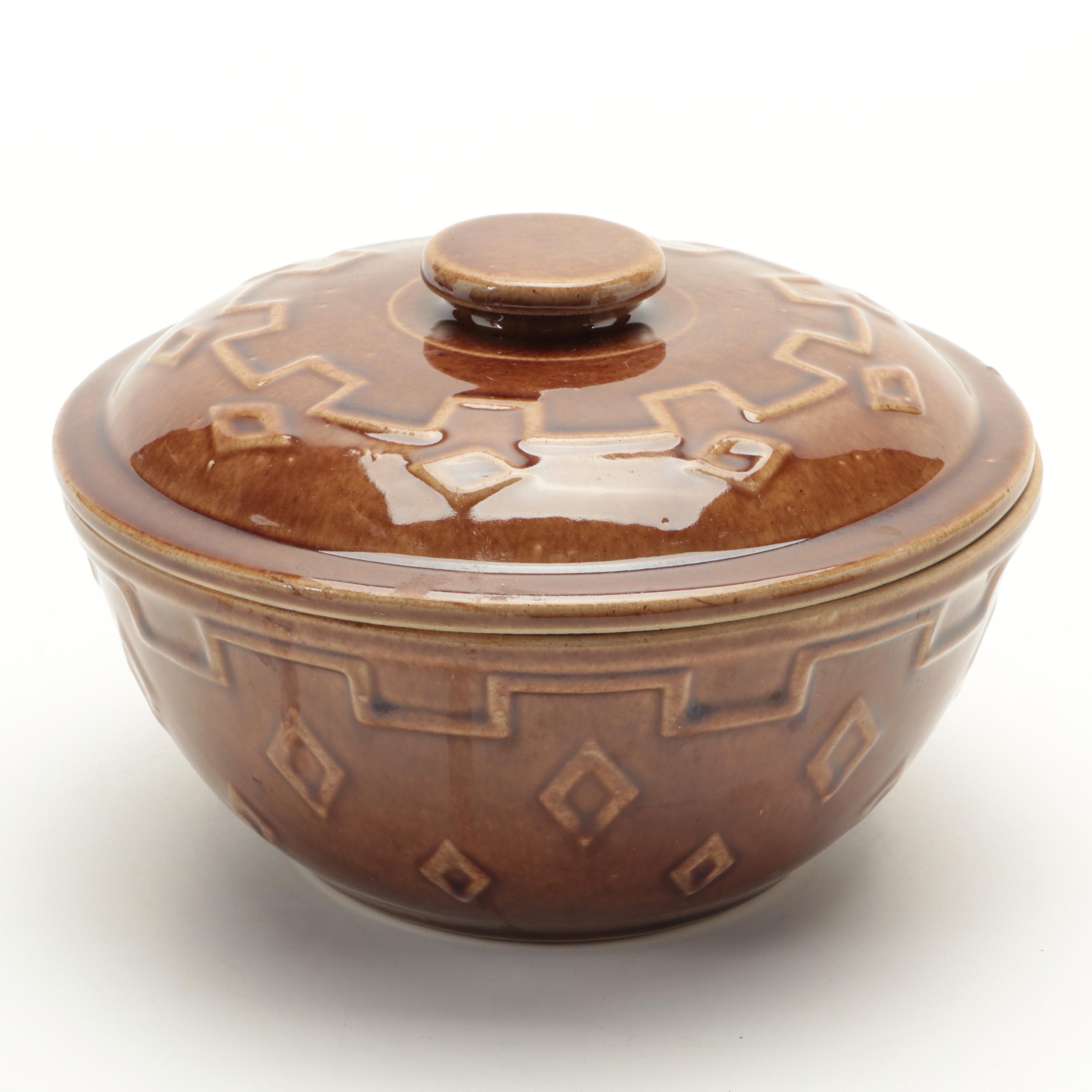 Brush Ceramic Spittoon with Yellowware Bowl and Casserole and Ewer Vase