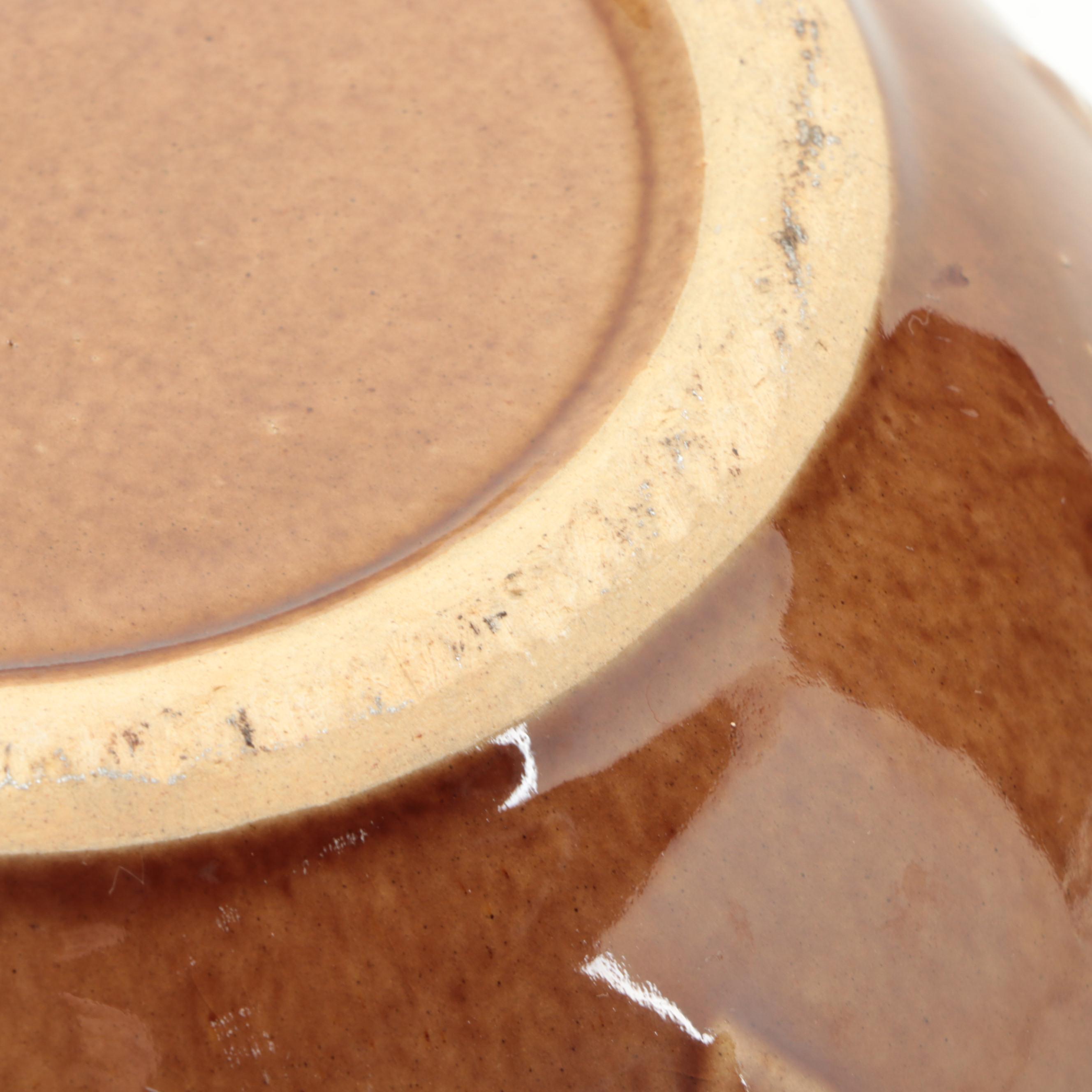 Brush Ceramic Spittoon with Yellowware Bowl and Casserole and Ewer Vase