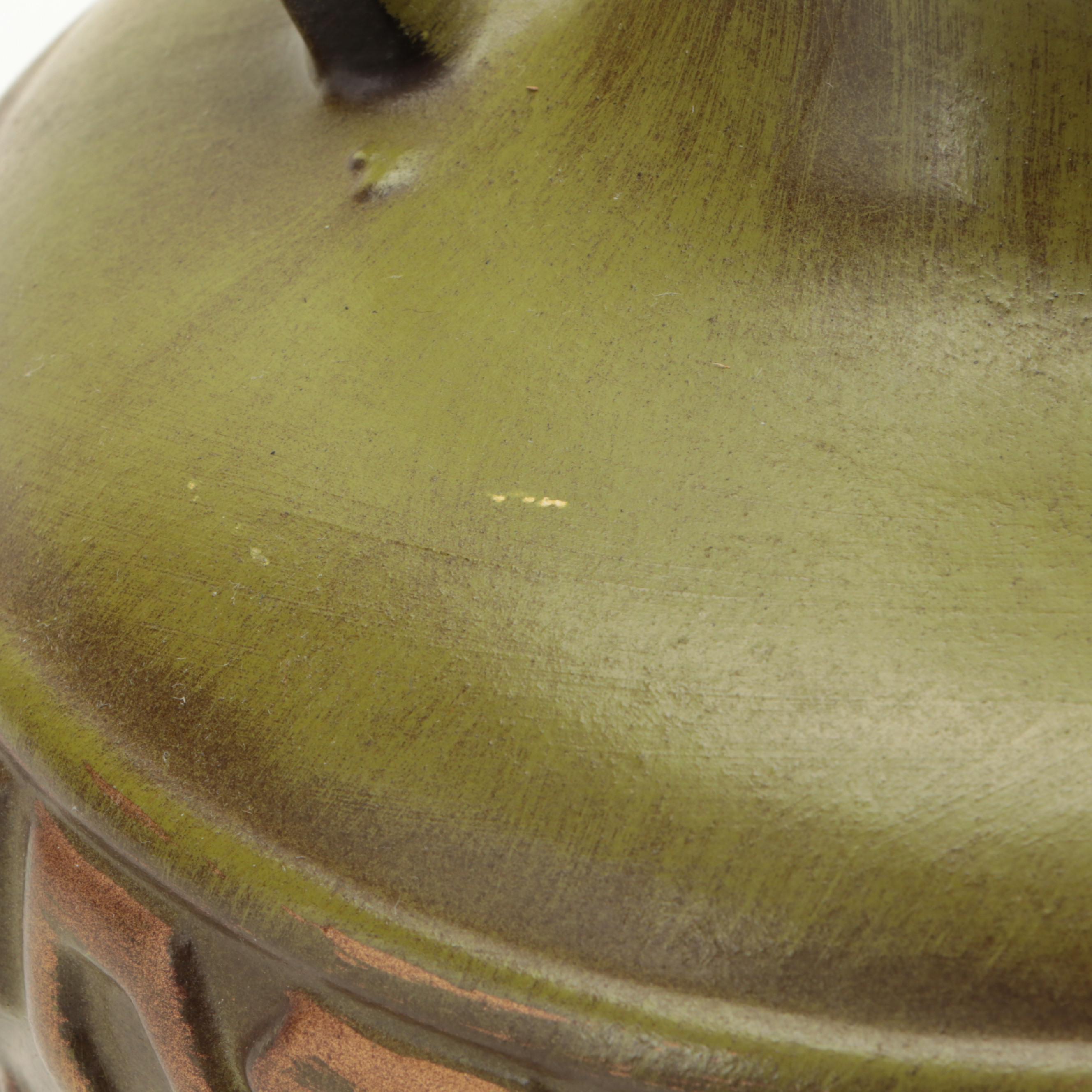 Brush Ceramic Spittoon with Yellowware Bowl and Casserole and Ewer Vase