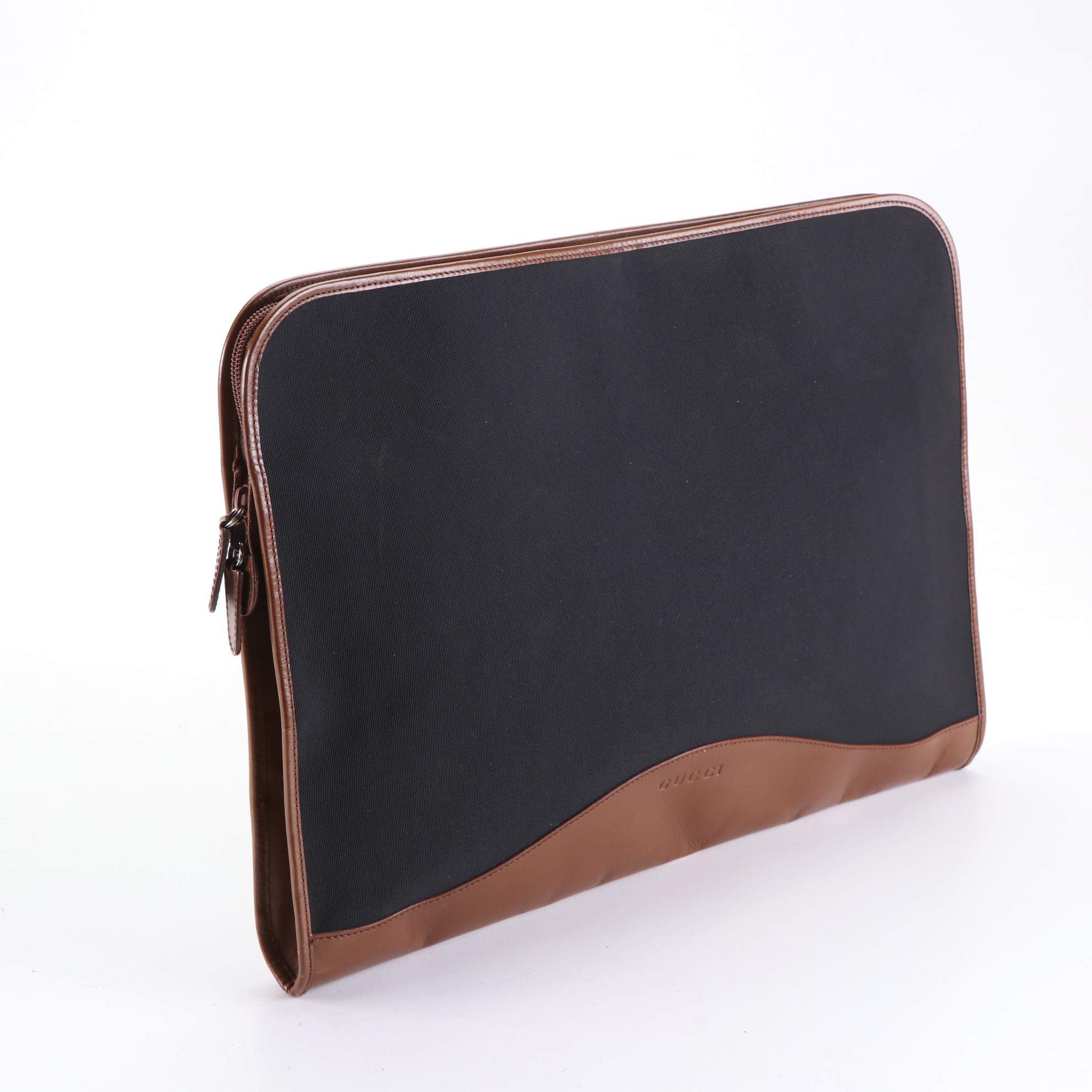 Gucci Document Case Bag in Black Nylon and Brown Leather Trim