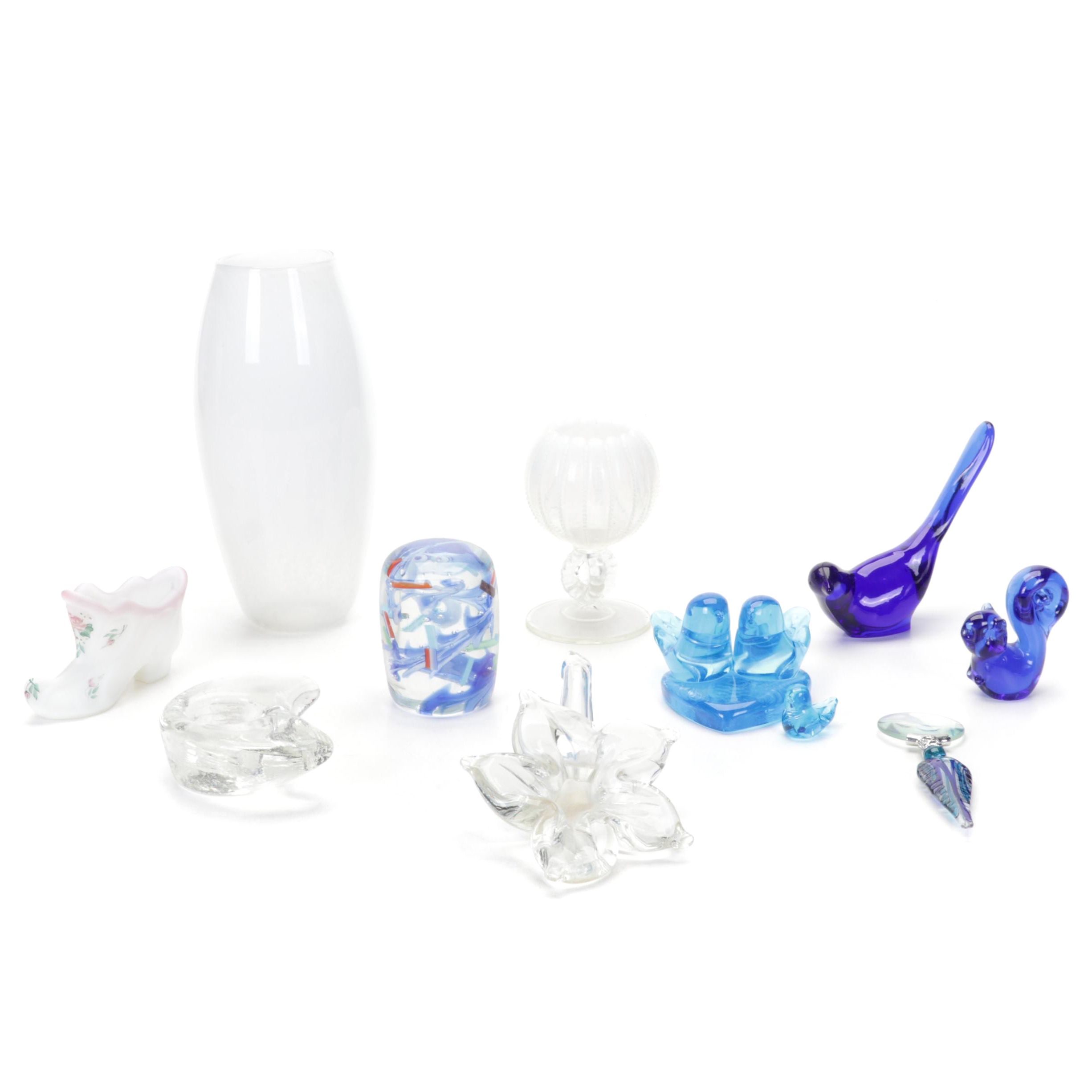 Fenton Blue Bird and Other Art Glass Figurines with Artist Signed Vase