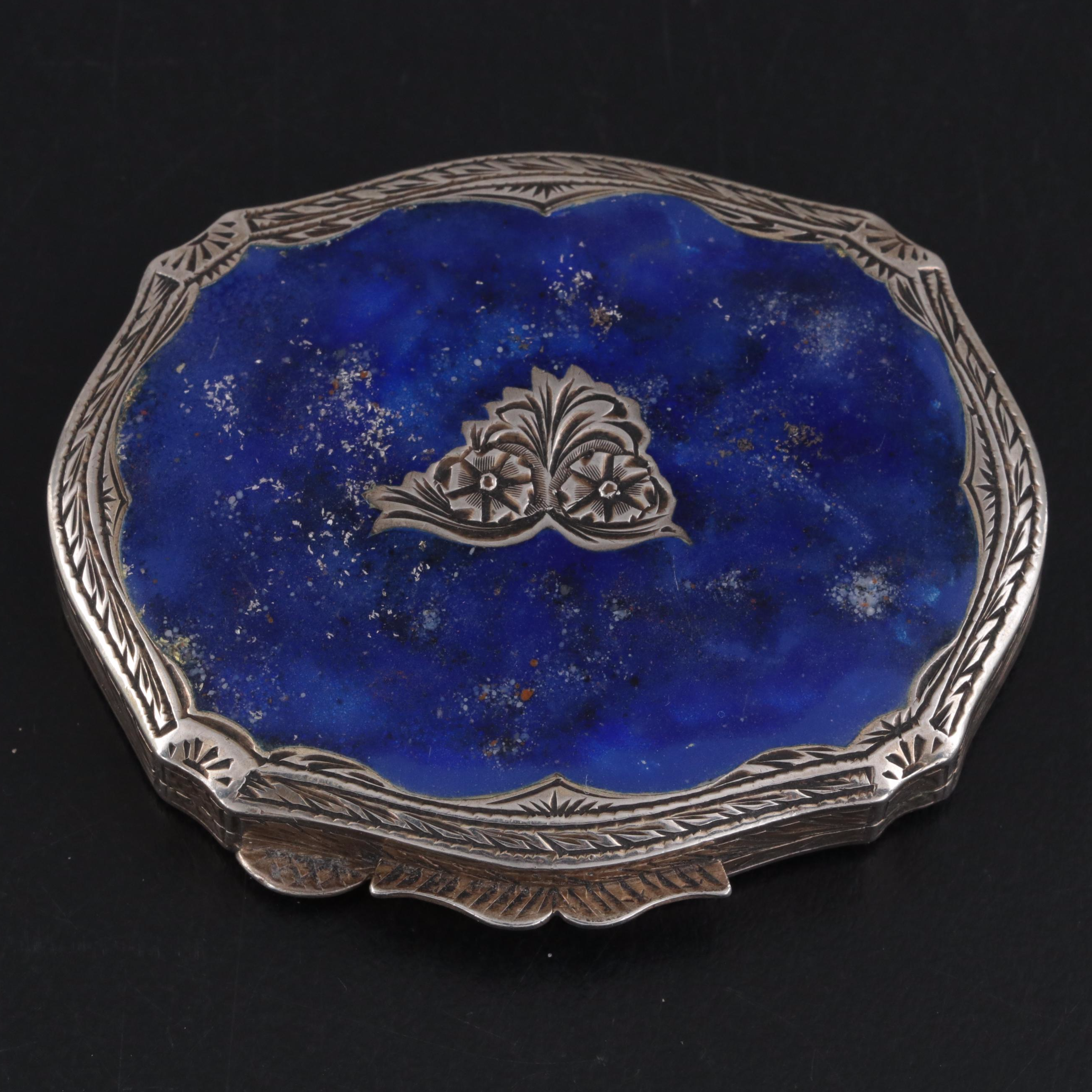 Italian Baroque Style 800 Silver and Lapis Lazuli Makeup Compact, Mid-20th C.