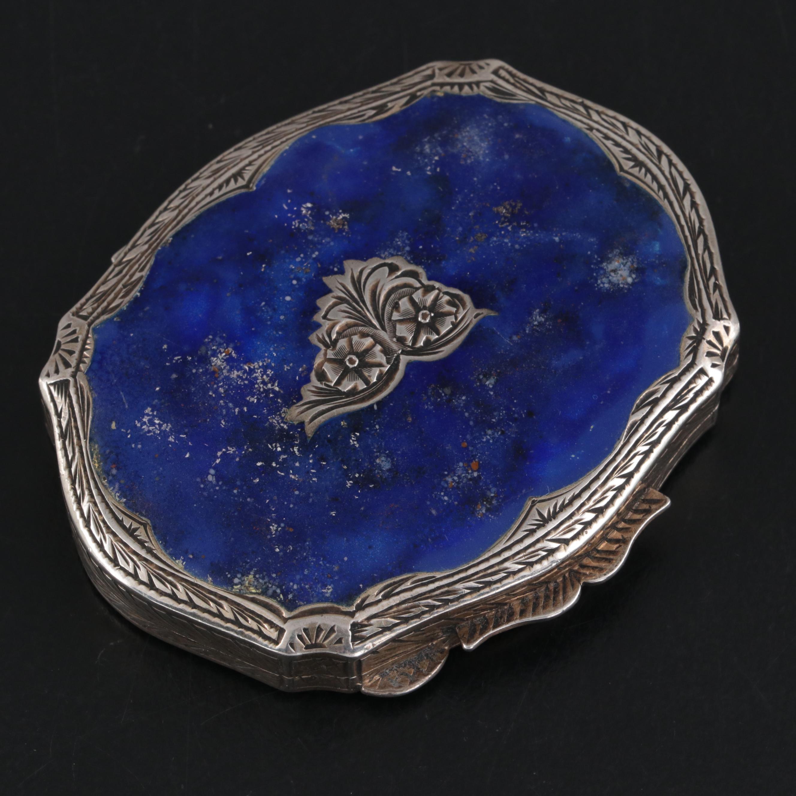 Italian Baroque Style 800 Silver and Lapis Lazuli Makeup Compact, Mid-20th C.