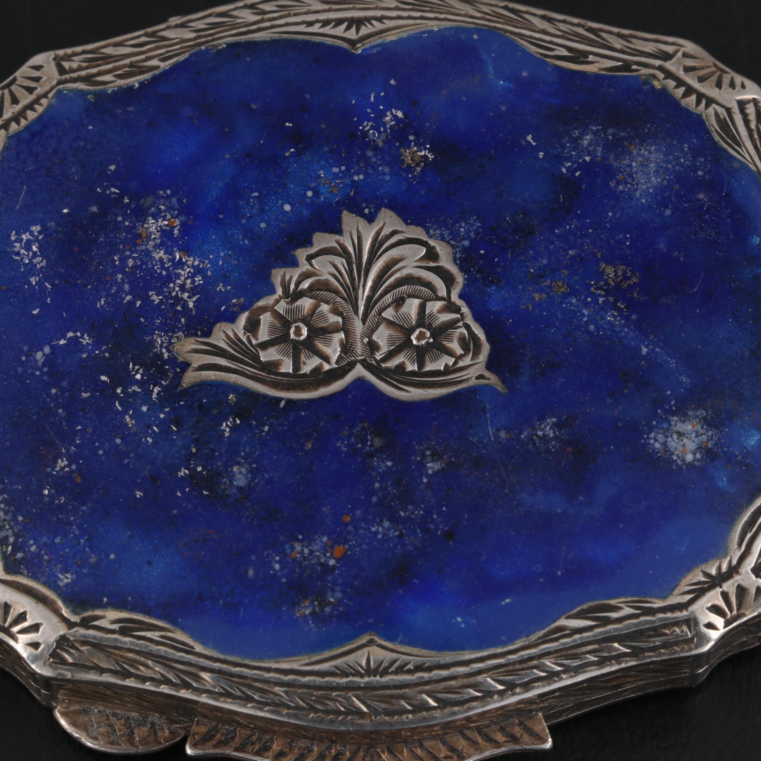 Italian Baroque Style 800 Silver and Lapis Lazuli Makeup Compact, Mid-20th C.