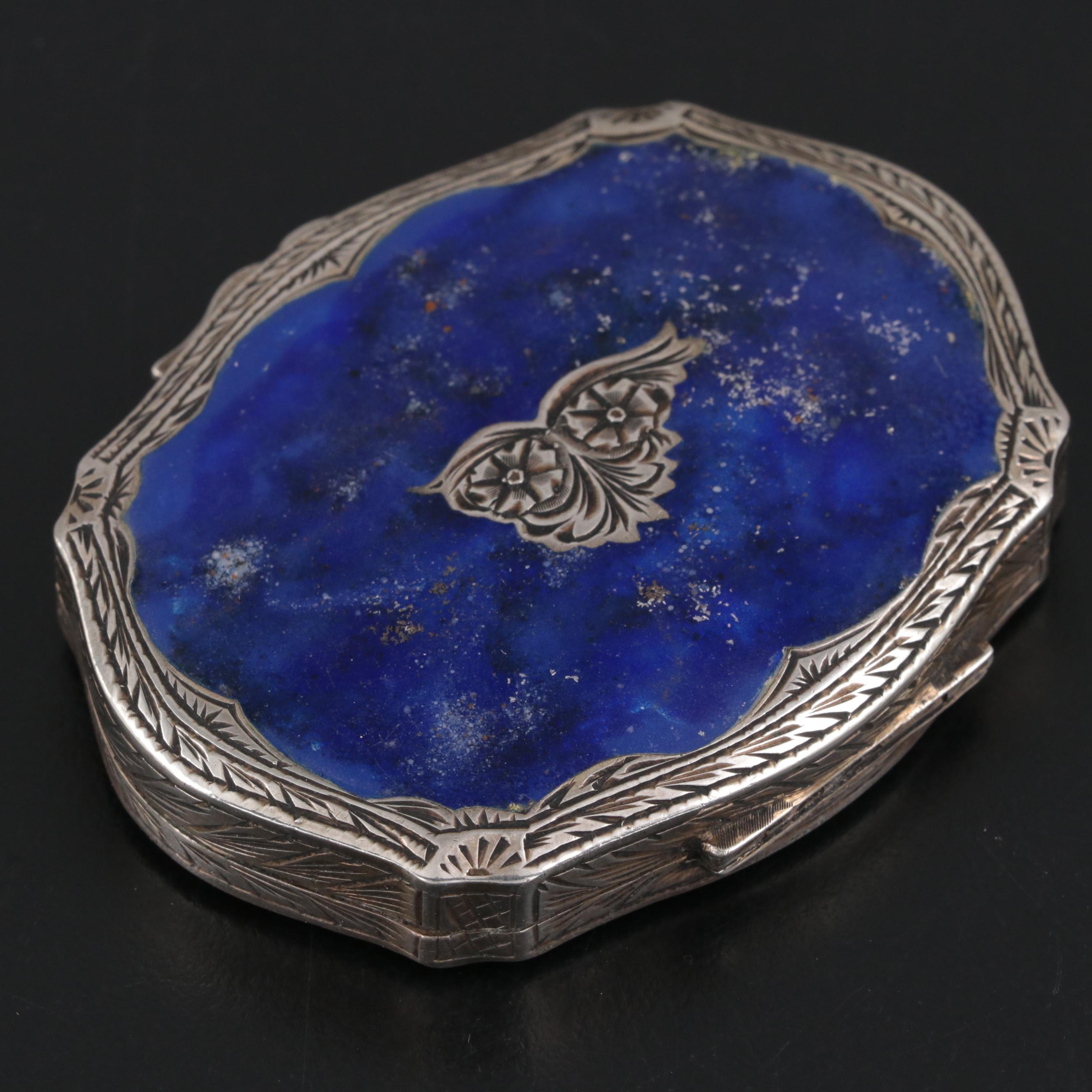 Italian Baroque Style 800 Silver and Lapis Lazuli Makeup Compact, Mid-20th C.