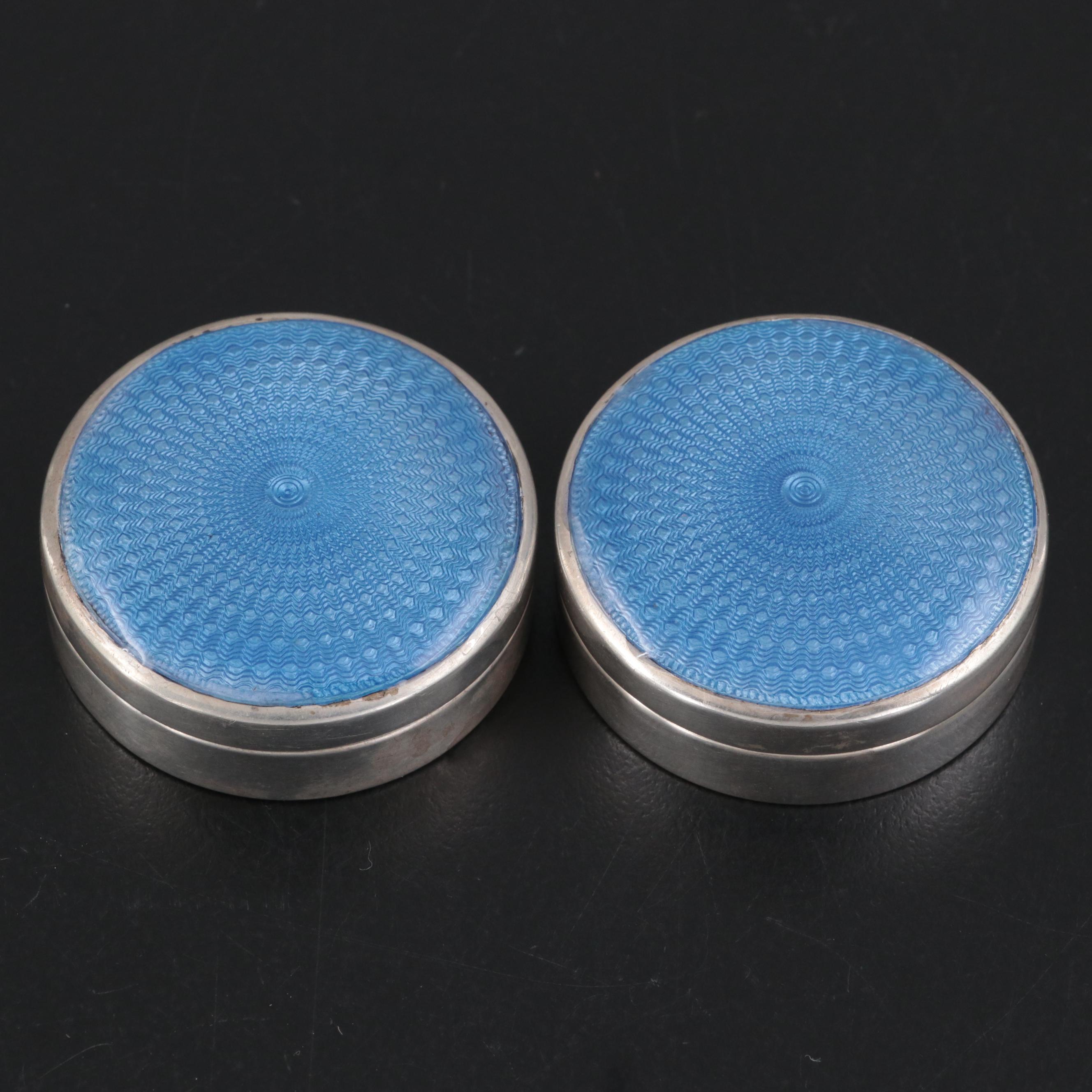 Mappin & Webb English Guilloche Enamel and Sterling Patch Boxes, 1931