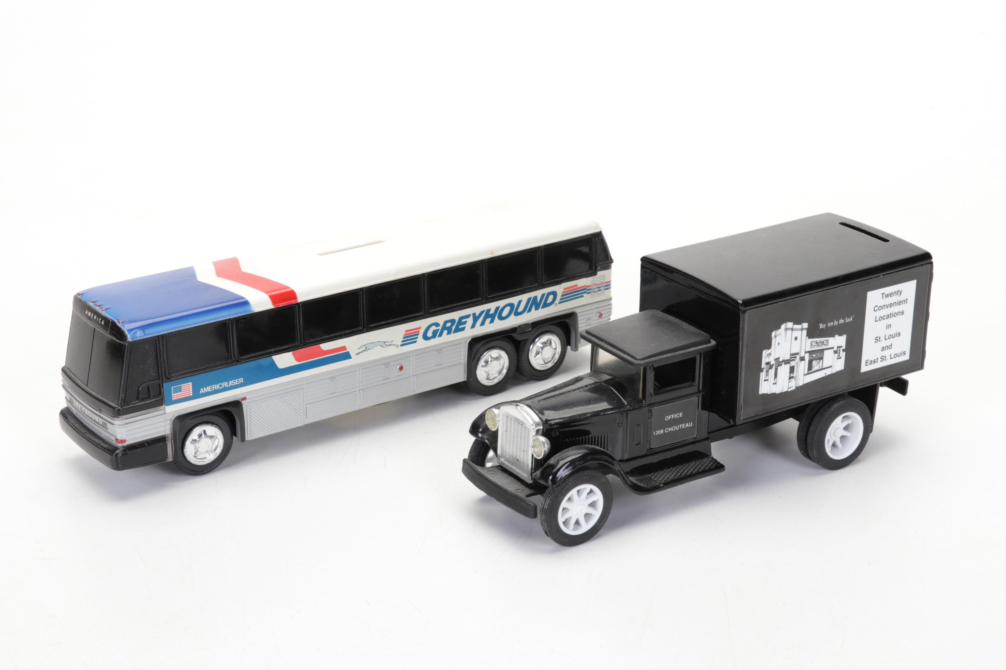 Reproduction Cast Iron Beer Wagon, Ertl Truck Banks, Greyhound Bank, and More