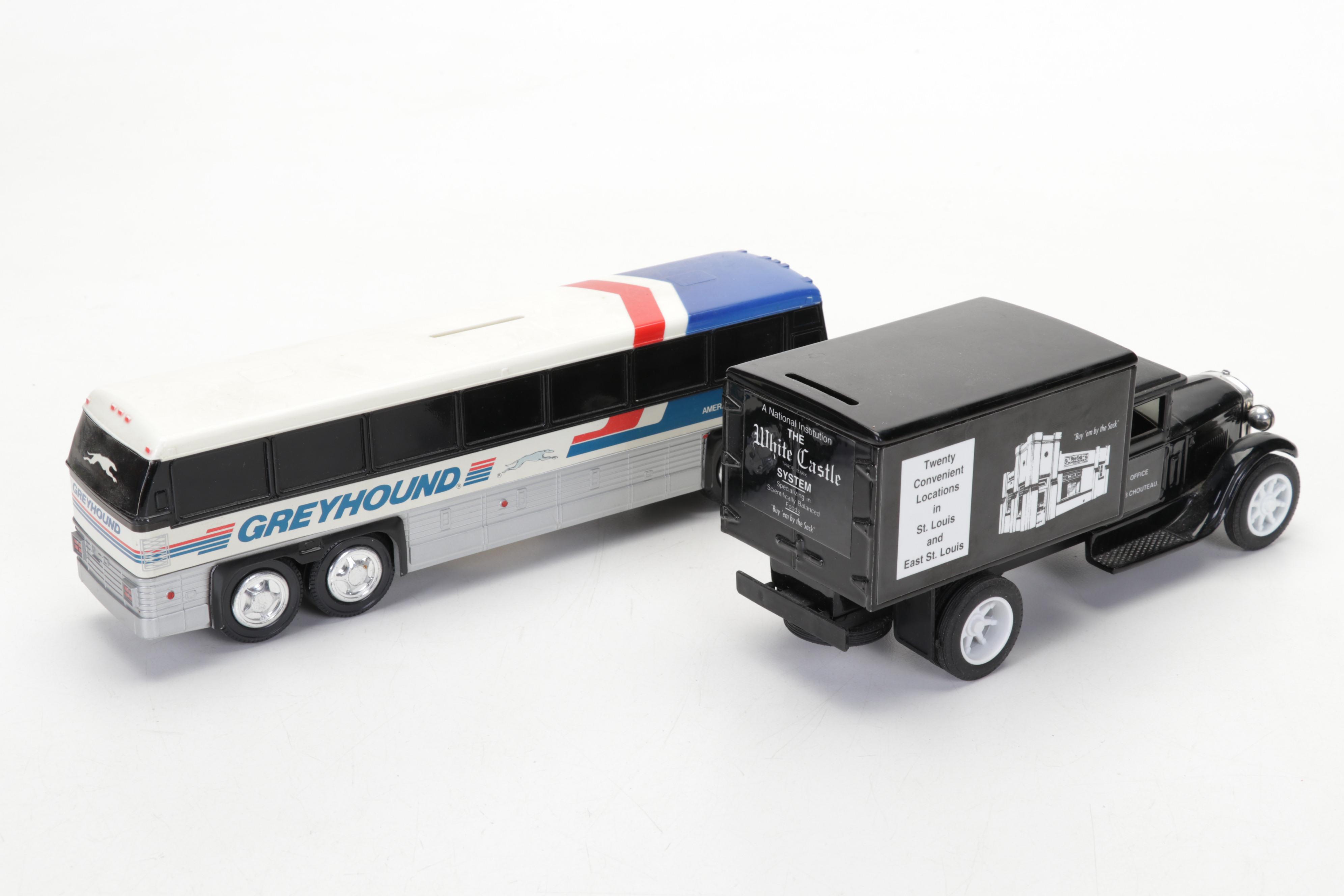 Reproduction Cast Iron Beer Wagon, Ertl Truck Banks, Greyhound Bank, and More