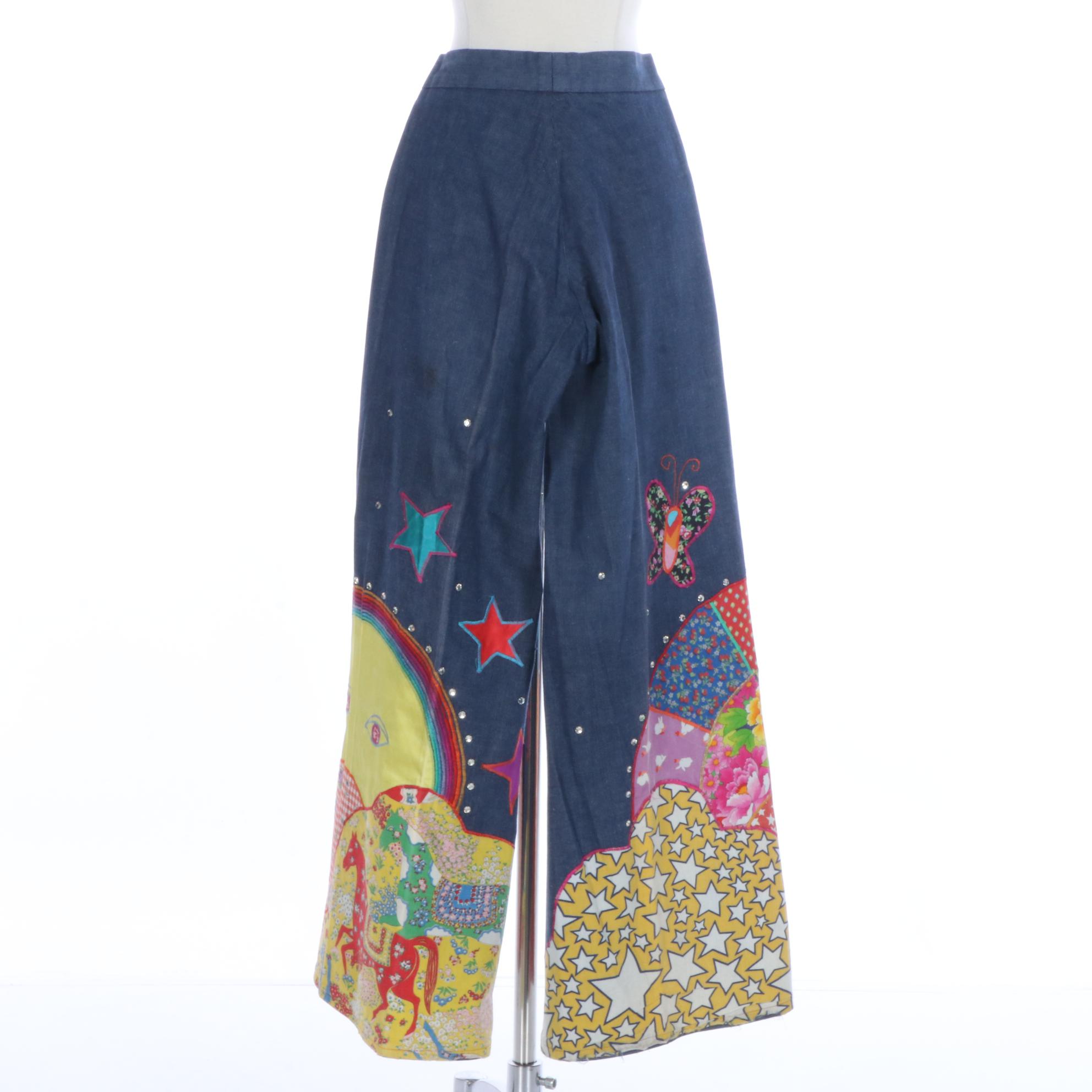 Kim Wong High Waist Bell Bottom Pants with 1970s Style Embroidered Appliqués