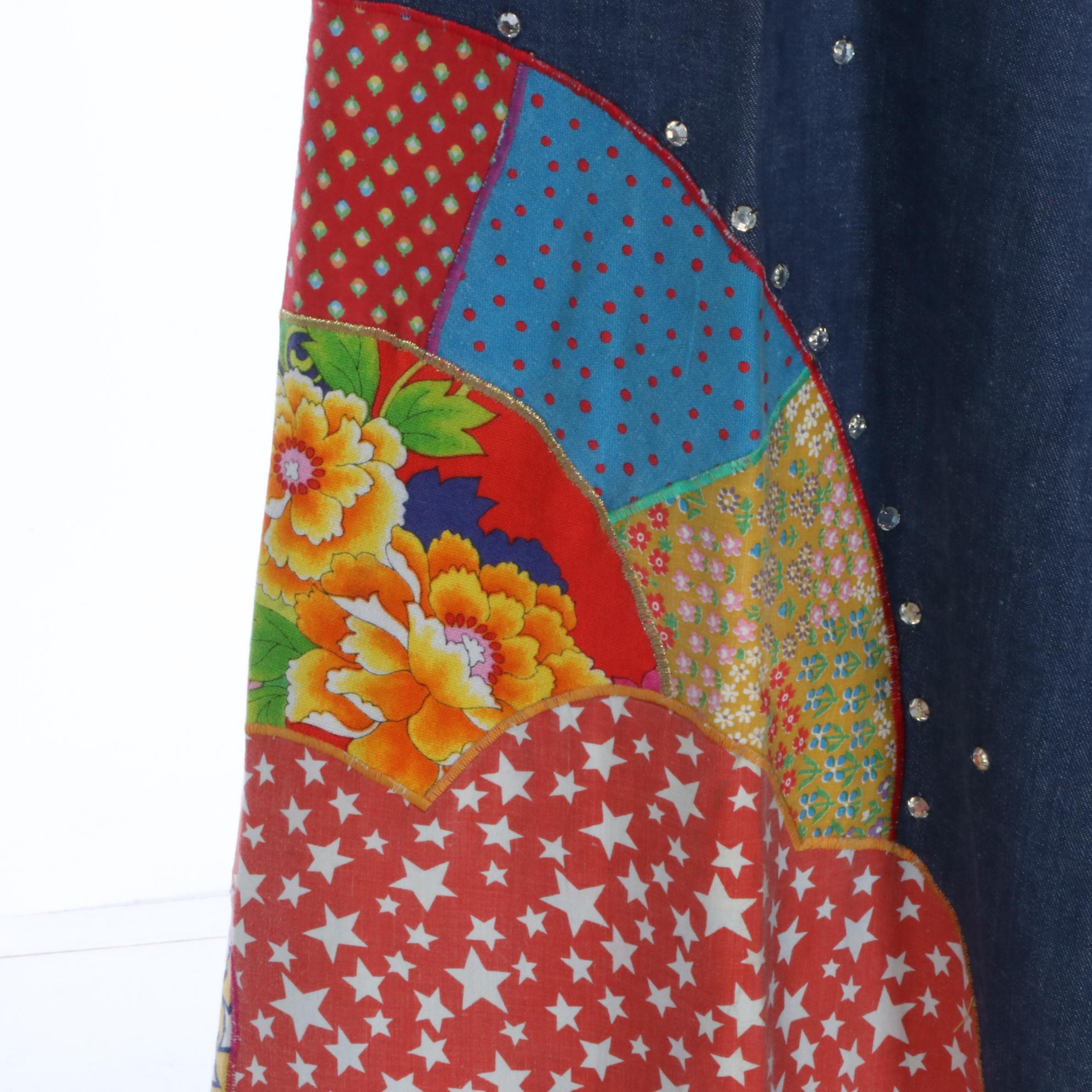 Kim Wong High Waist Bell Bottom Pants with 1970s Style Embroidered Appliqués