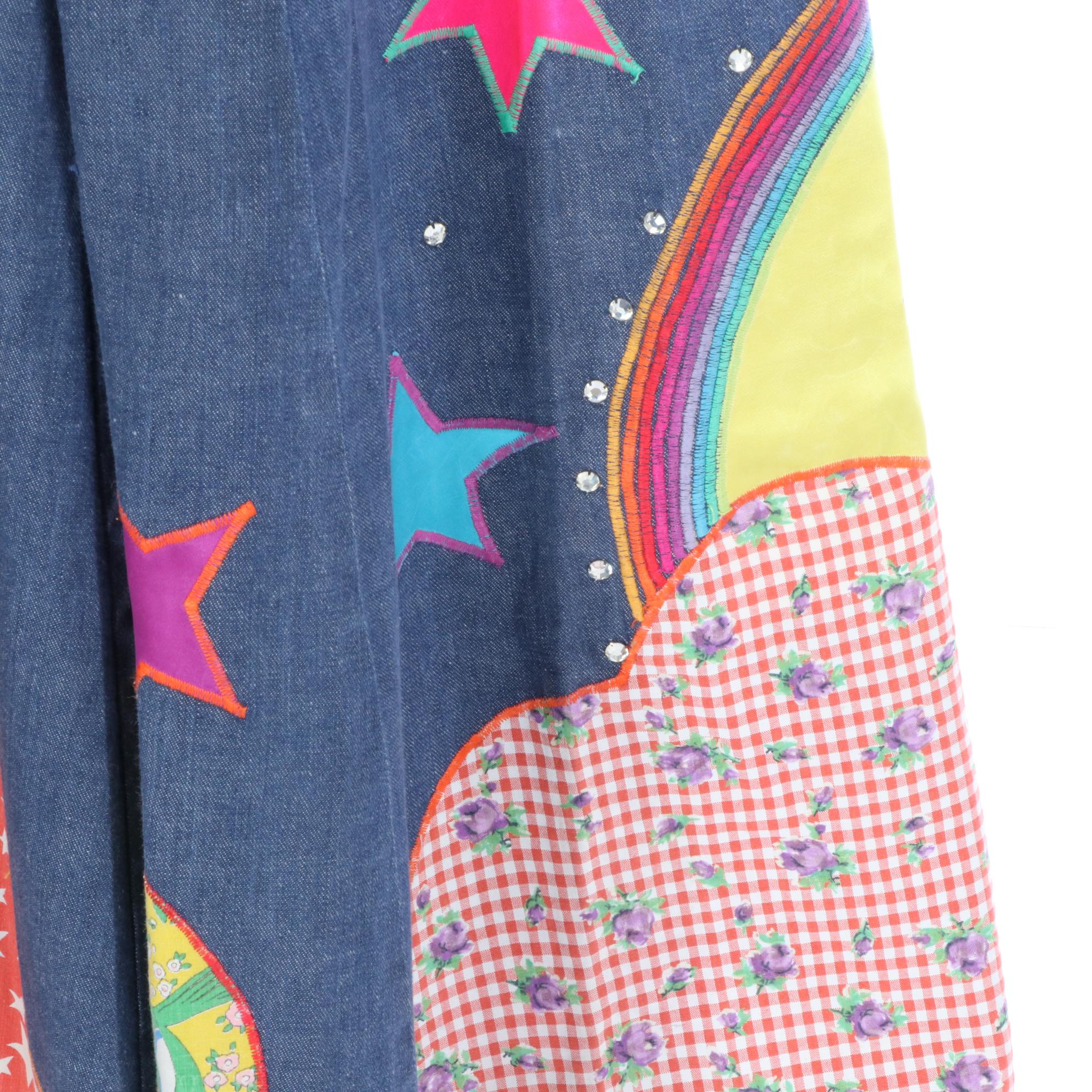 Kim Wong High Waist Bell Bottom Pants with 1970s Style Embroidered Appliqués