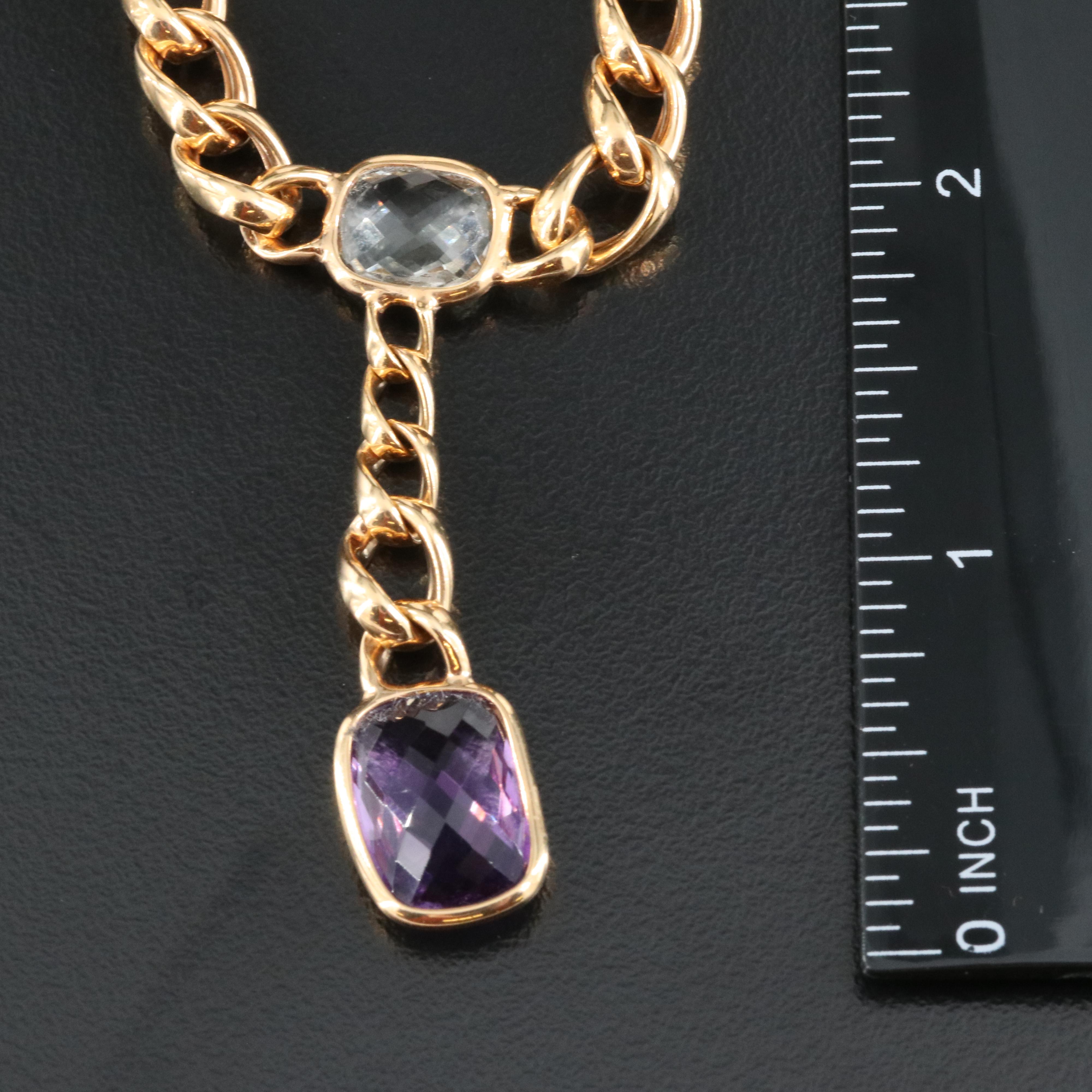Italian 14K Rose Gold Amethyst, Prasiolite and Rose Quartz Curb Chain Necklace