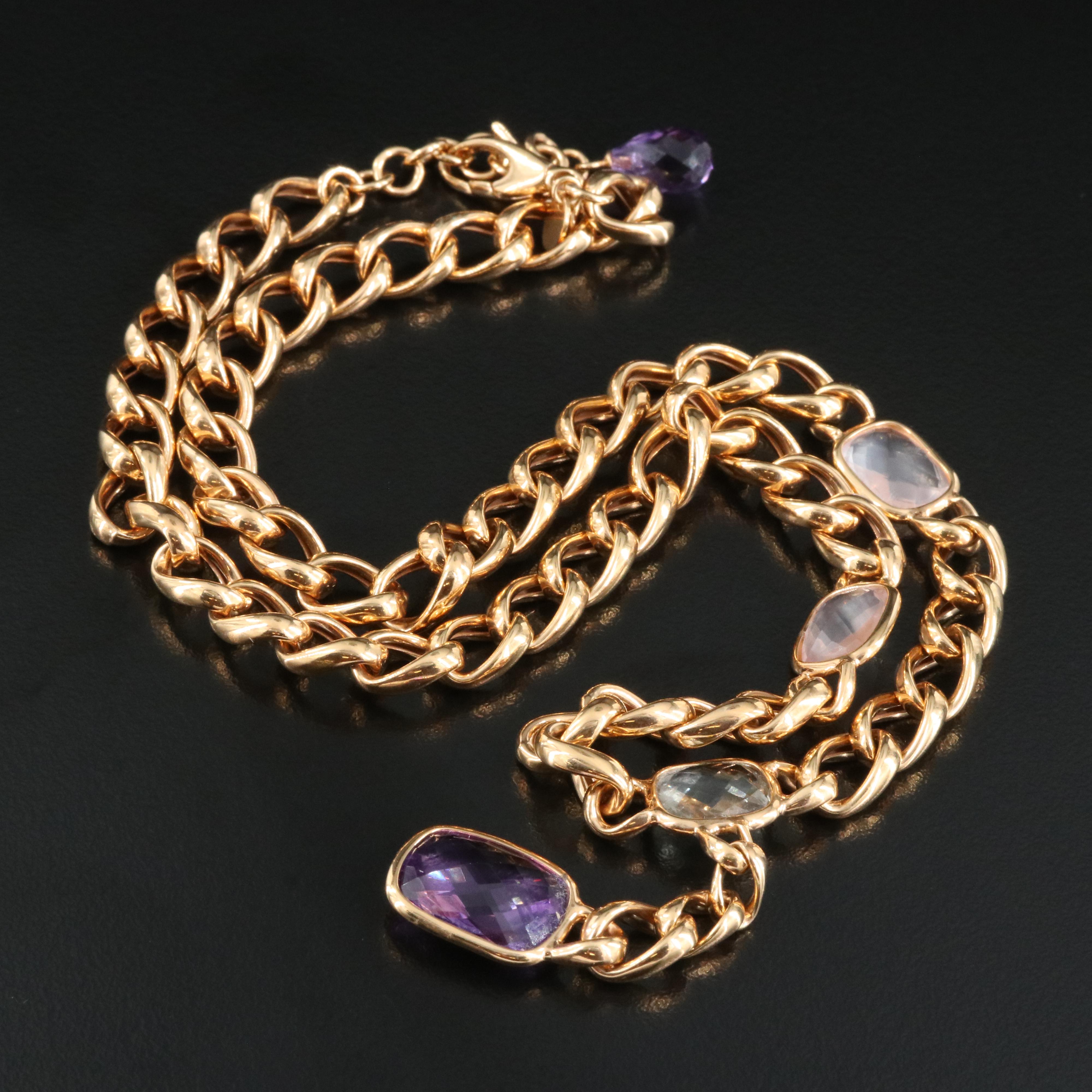 Italian 14K Rose Gold Amethyst, Prasiolite and Rose Quartz Curb Chain Necklace