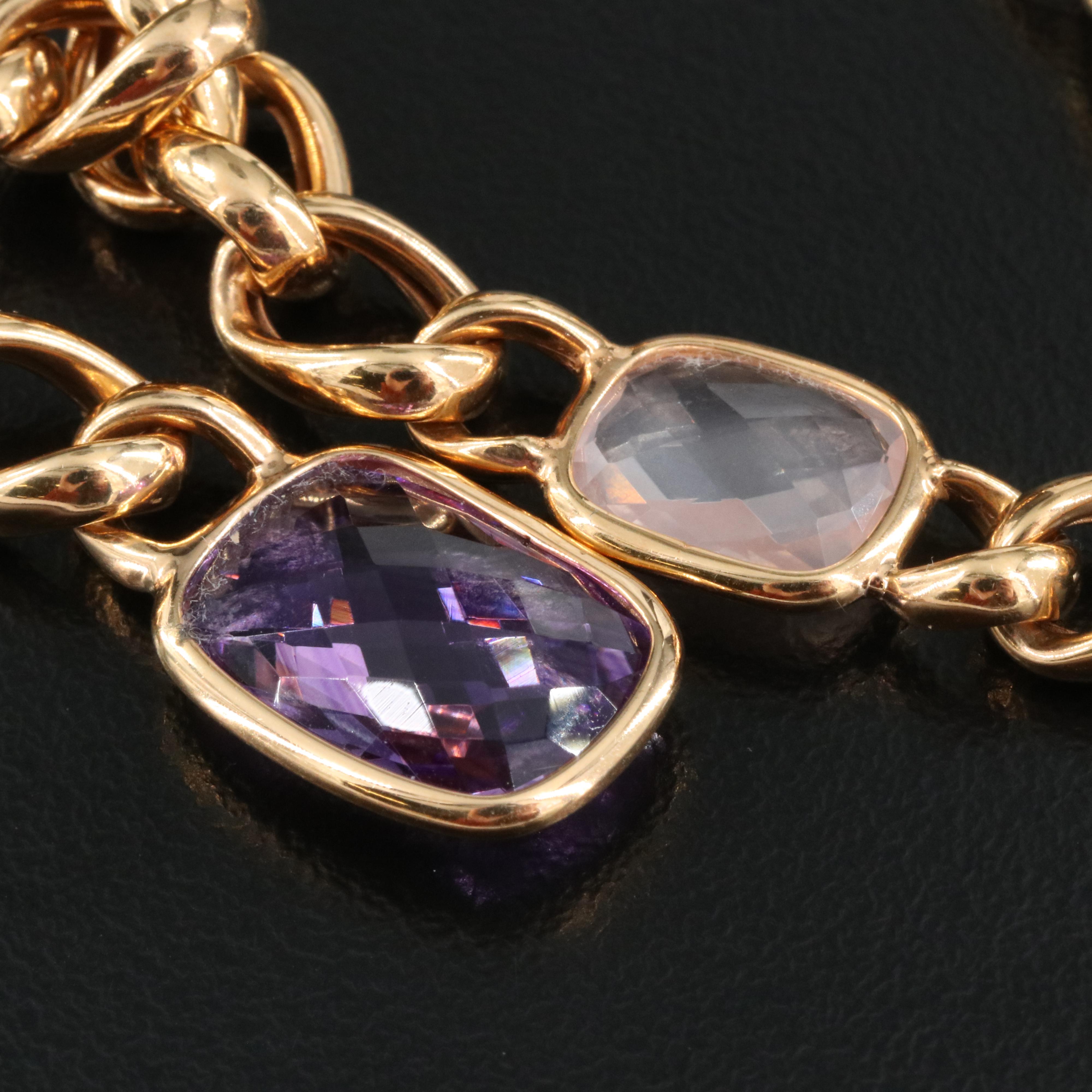 Italian 14K Rose Gold Amethyst, Prasiolite and Rose Quartz Curb Chain Necklace