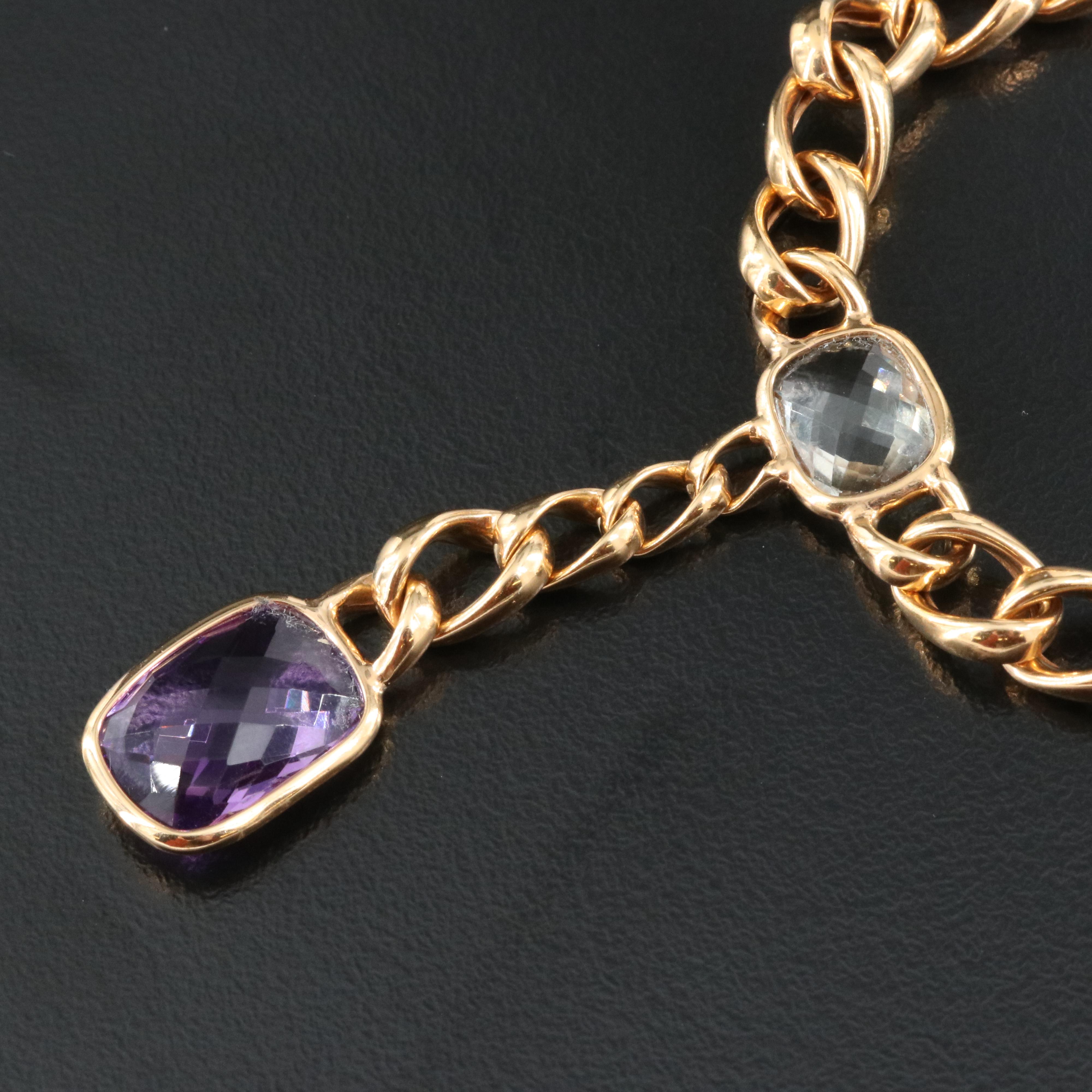 Italian 14K Rose Gold Amethyst, Prasiolite and Rose Quartz Curb Chain Necklace