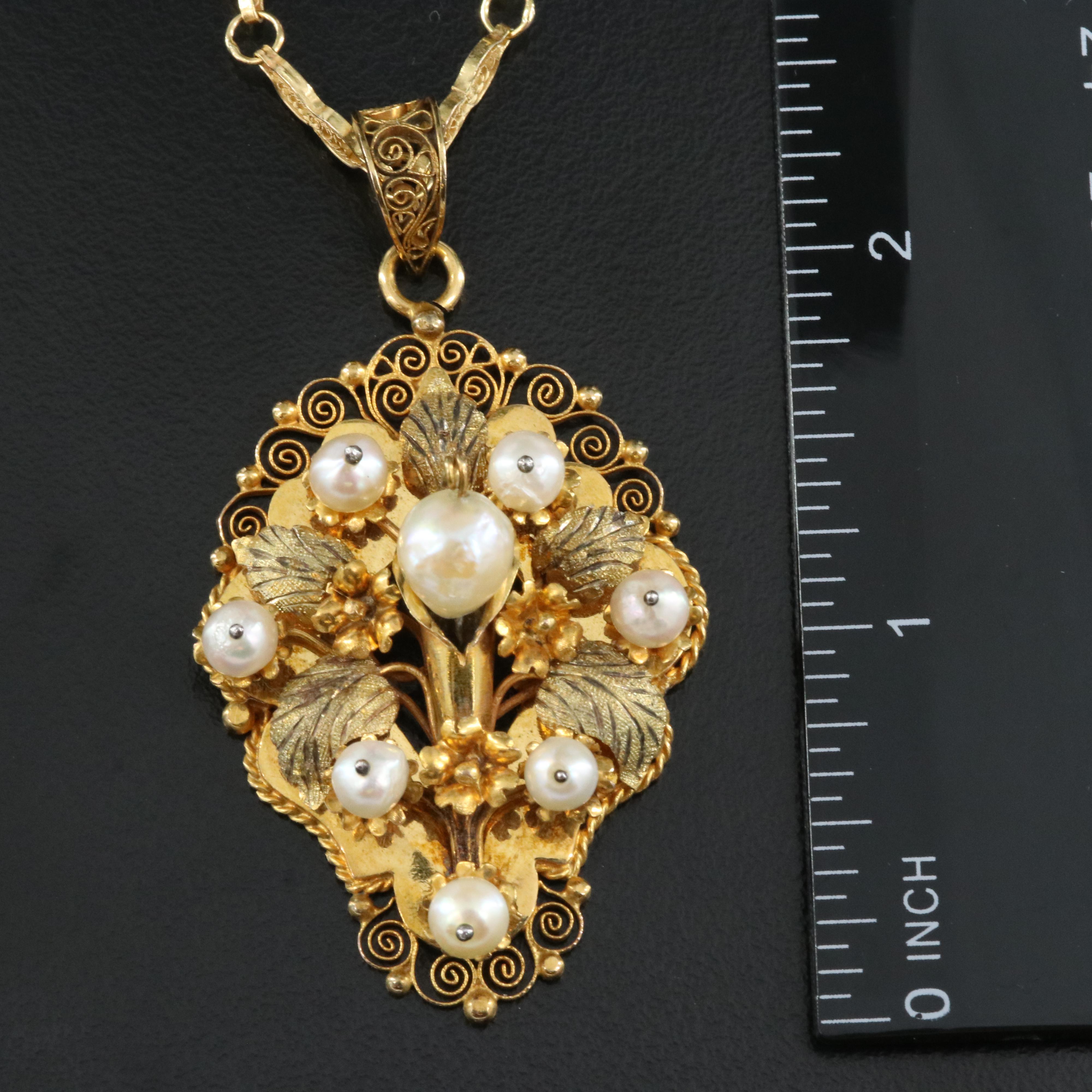 10K Cultured Pearl Filigree Floral Necklace with Green Gold Leaf Accents