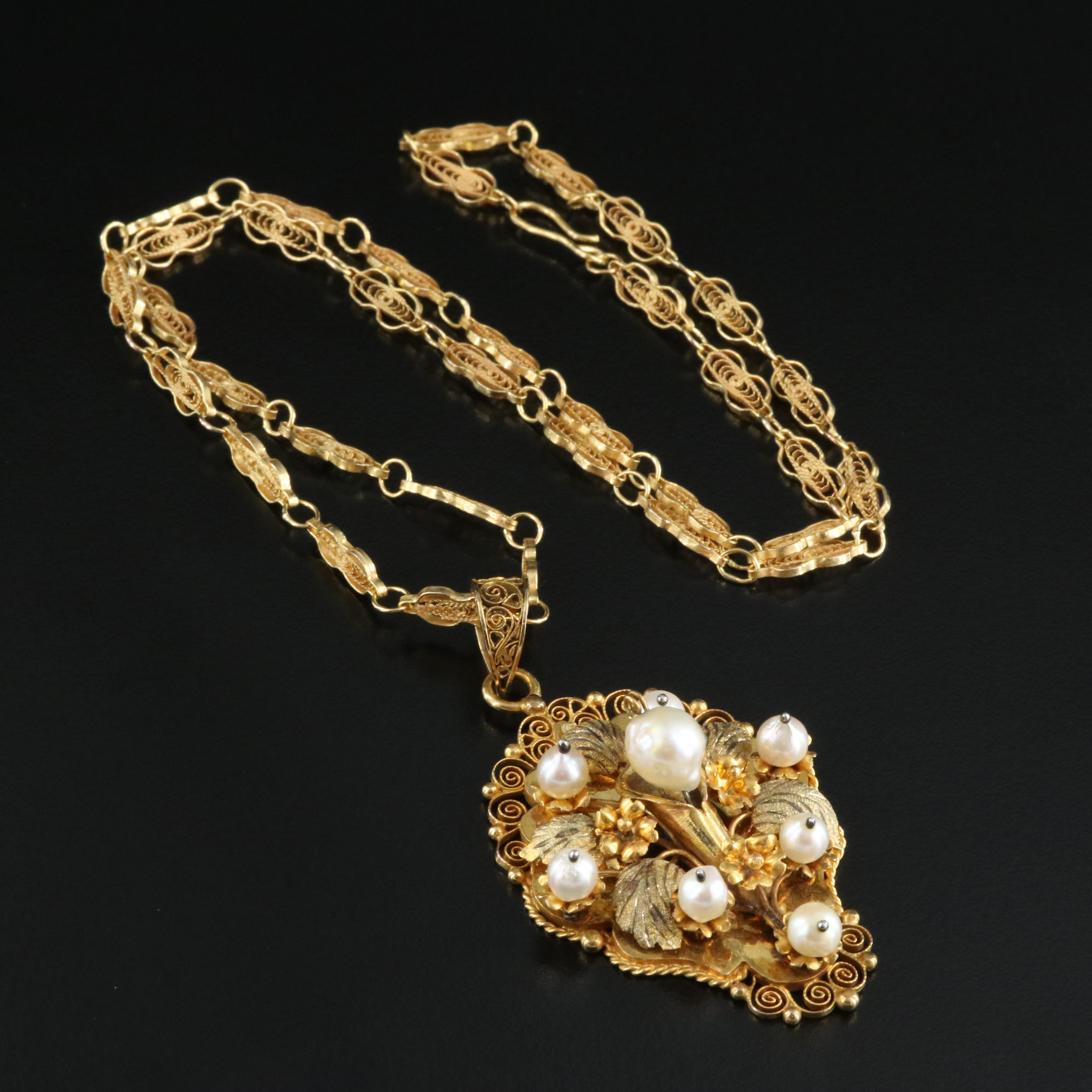 10K Cultured Pearl Filigree Floral Necklace with Green Gold Leaf Accents