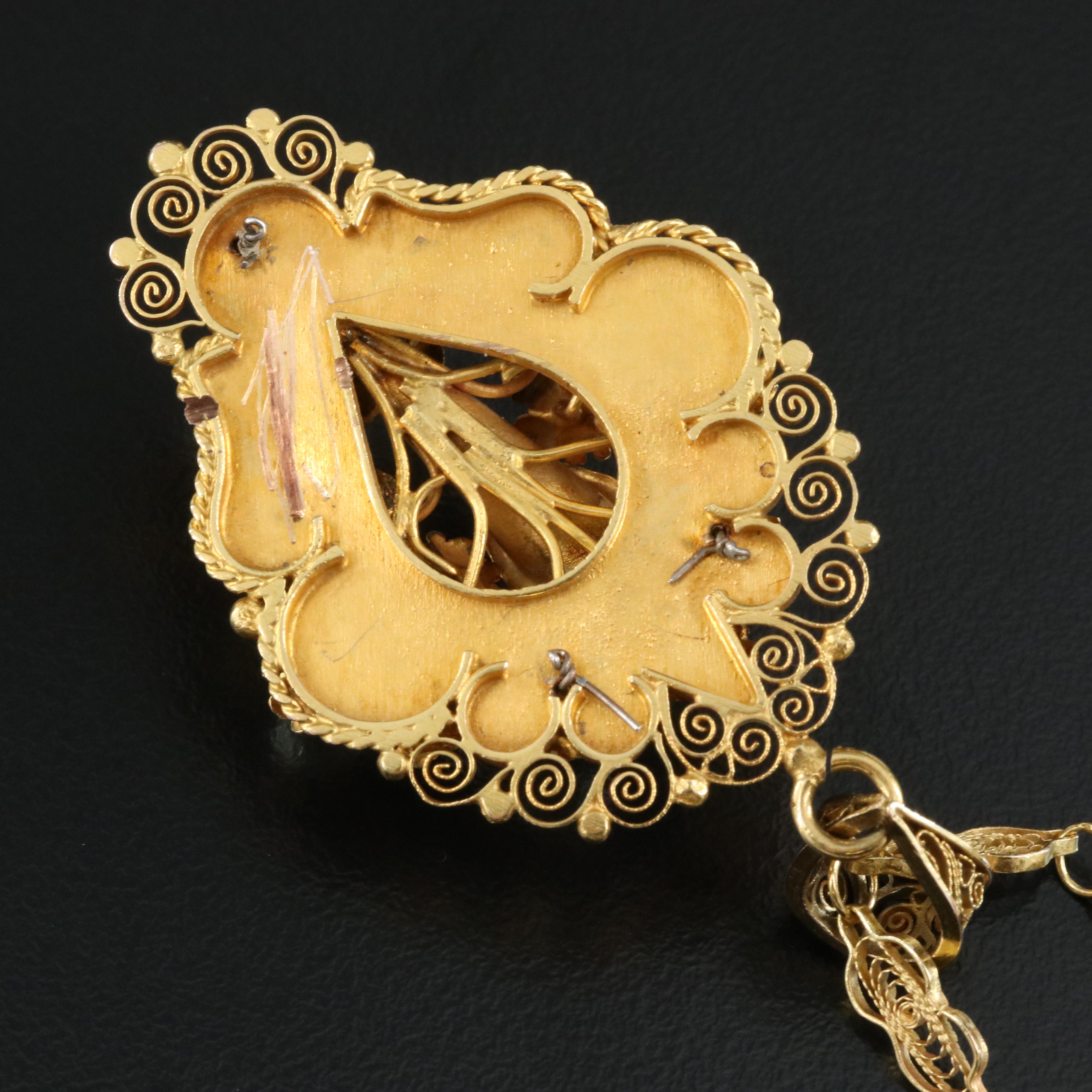 10K Cultured Pearl Filigree Floral Necklace with Green Gold Leaf Accents