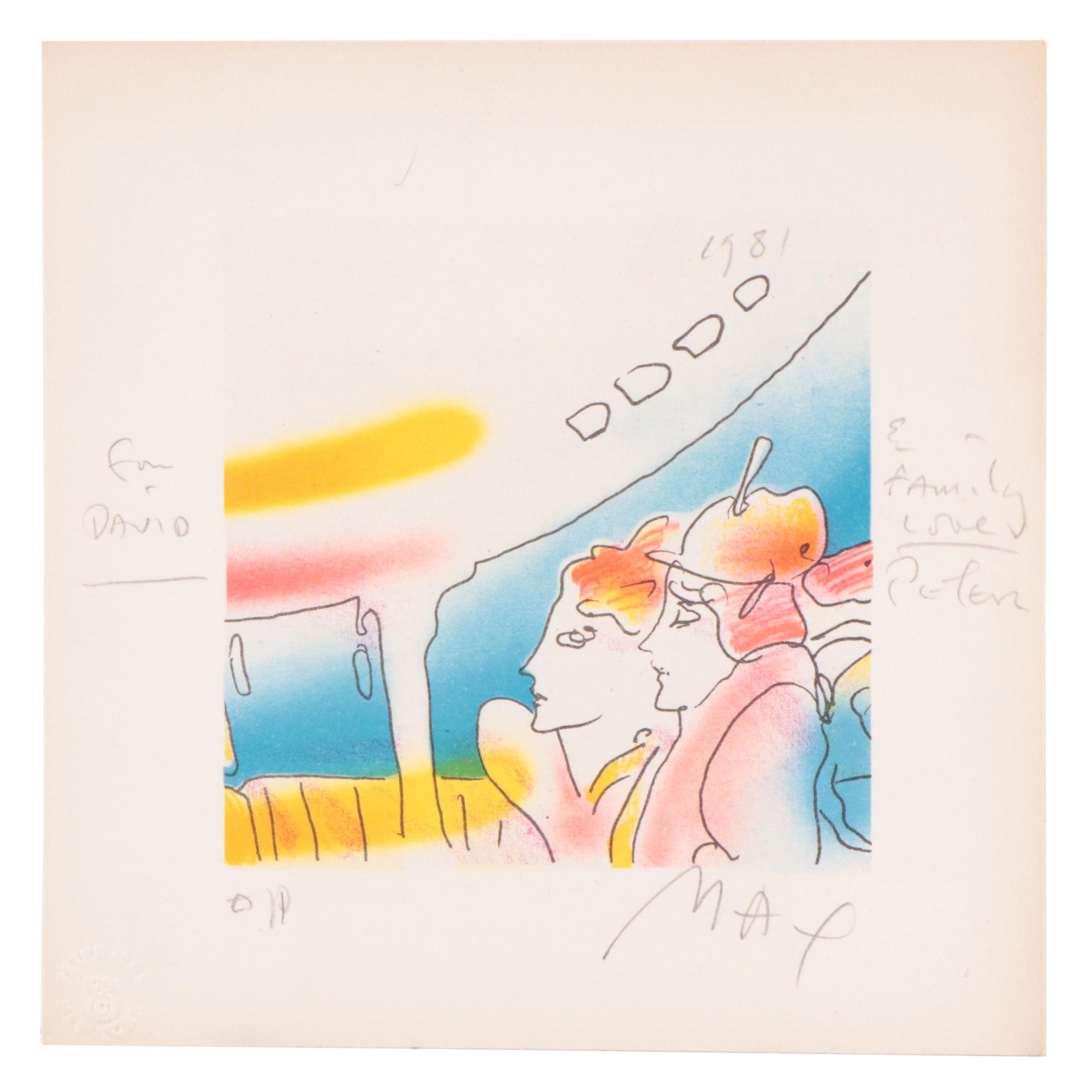 Peter Max Psychedelic Figurative Lithograph "Space Reunion," 1981