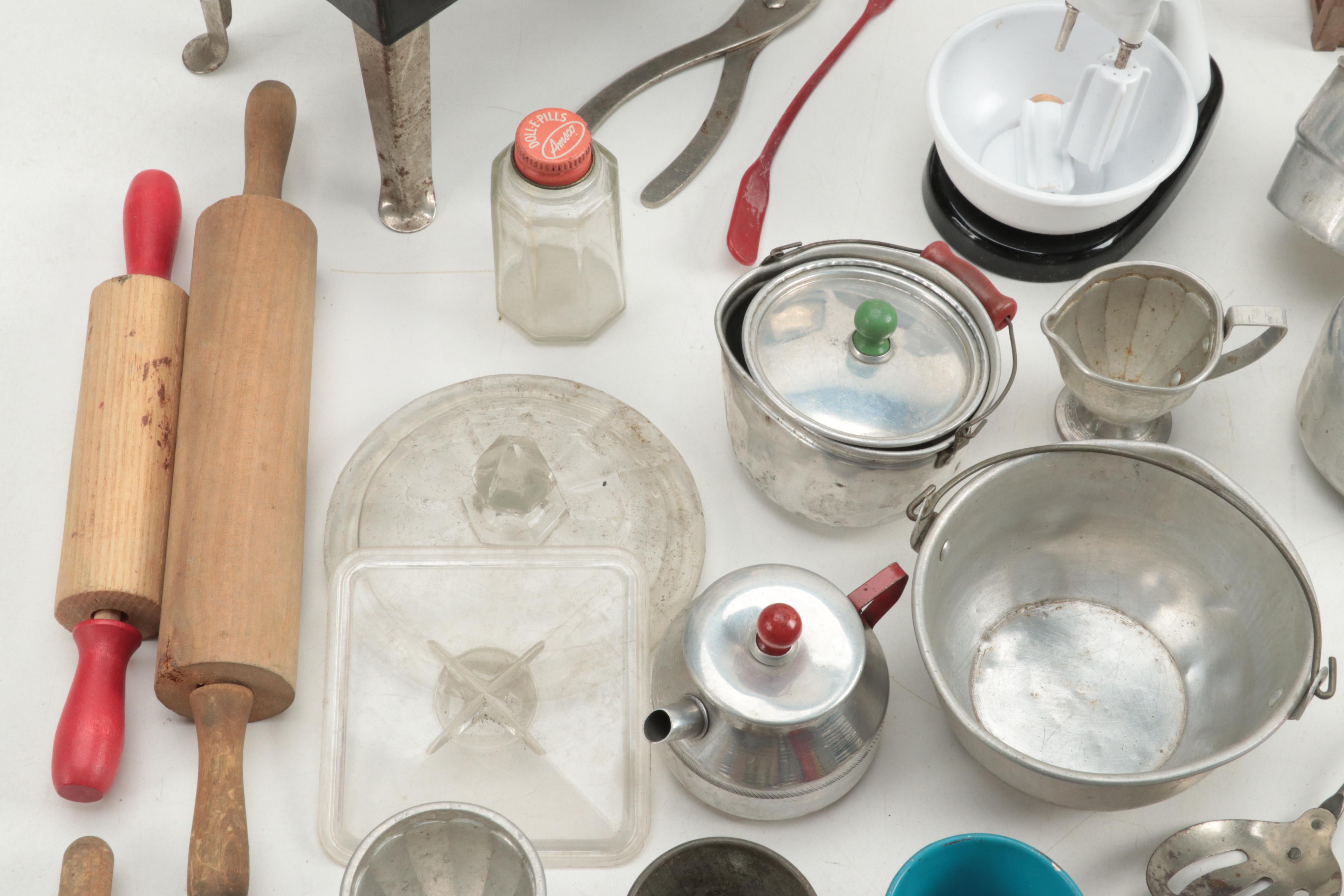 Metal Ware Electric Toy Stove with Toy Kitchen Play Utensils and More, 20th C.