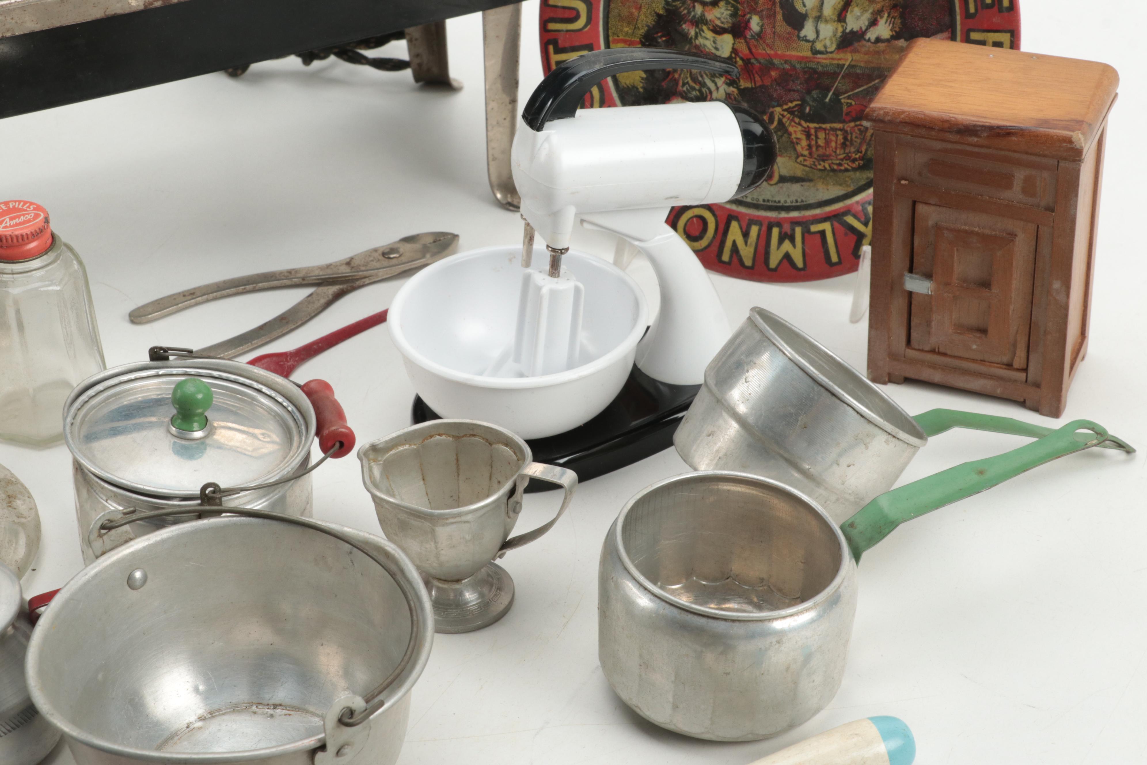 Metal Ware Electric Toy Stove with Toy Kitchen Play Utensils and More, 20th C.