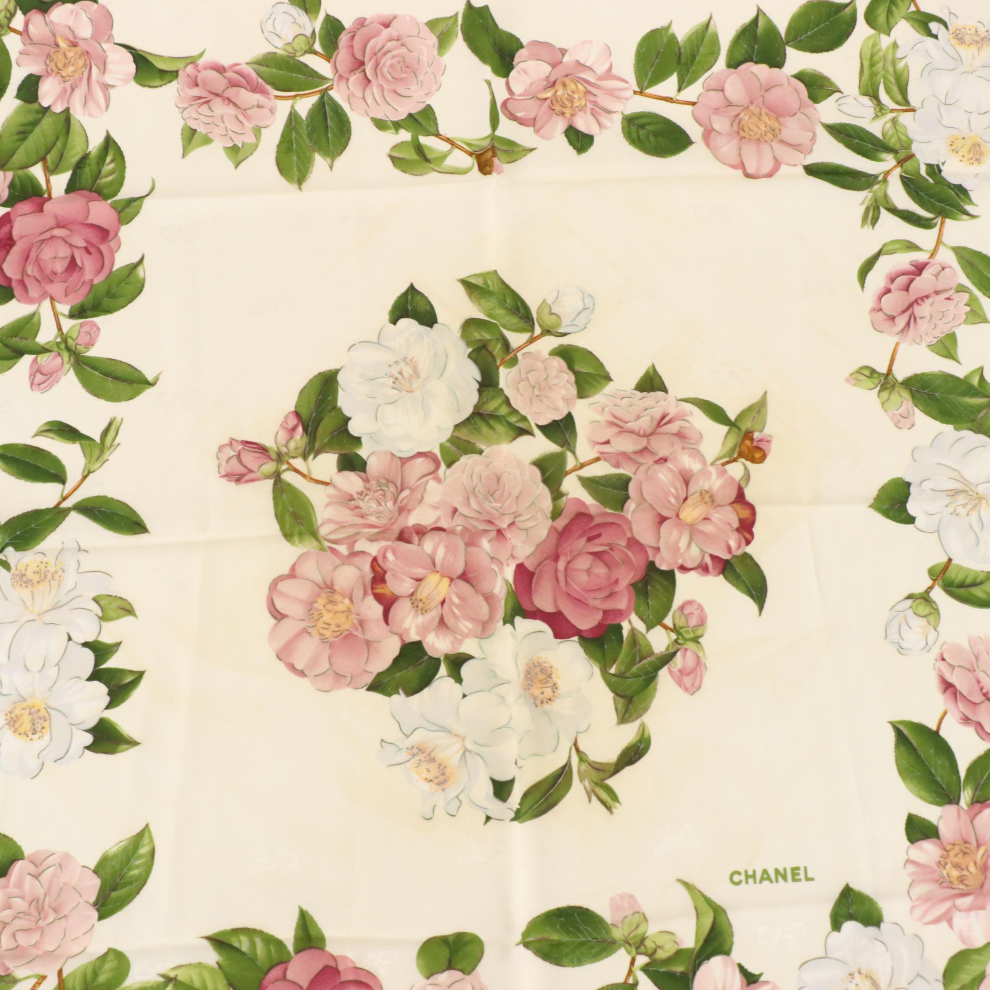 Chanel Floral Print Scarf 85 in Silk Jacquard