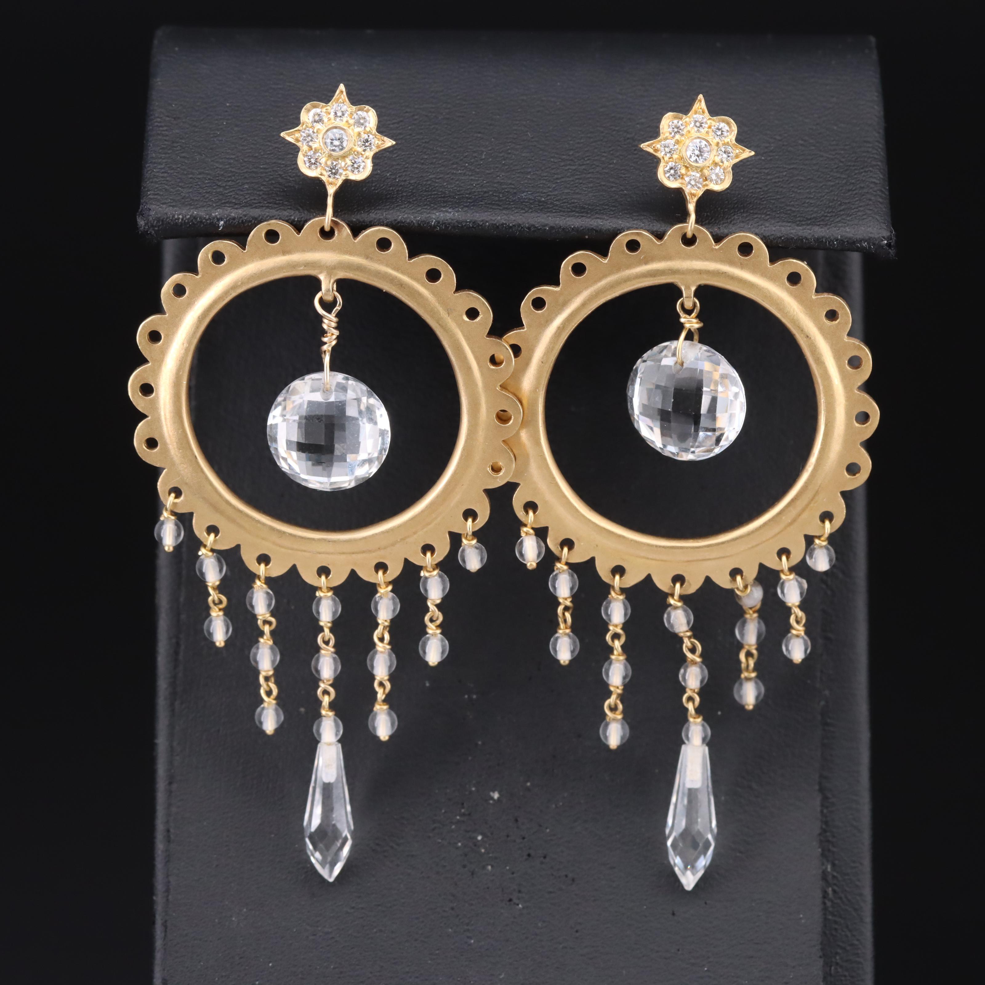 18K Diamond, Topaz and Quartz Scalloped Hoop Fringe Earrings