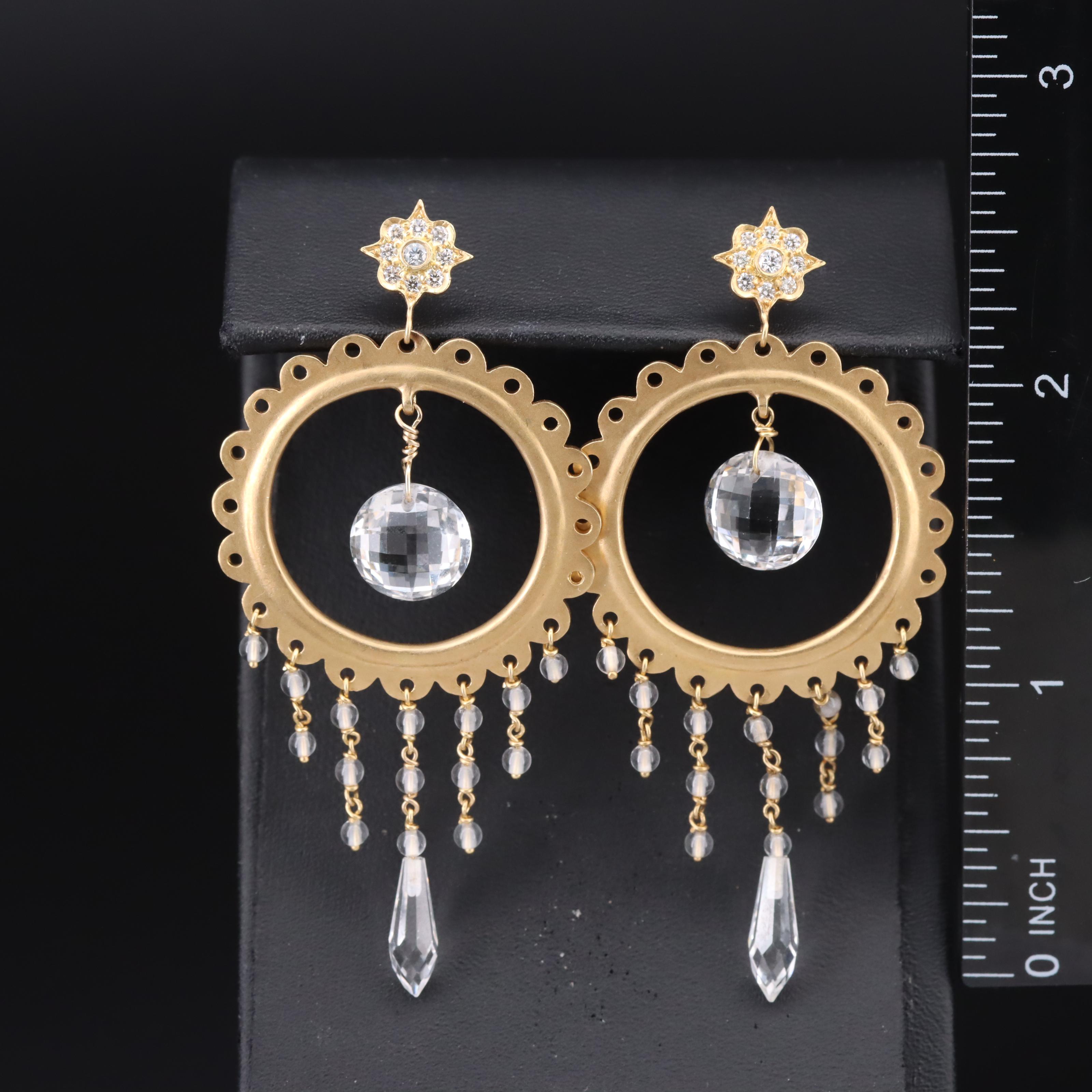 18K Diamond, Topaz and Quartz Scalloped Hoop Fringe Earrings