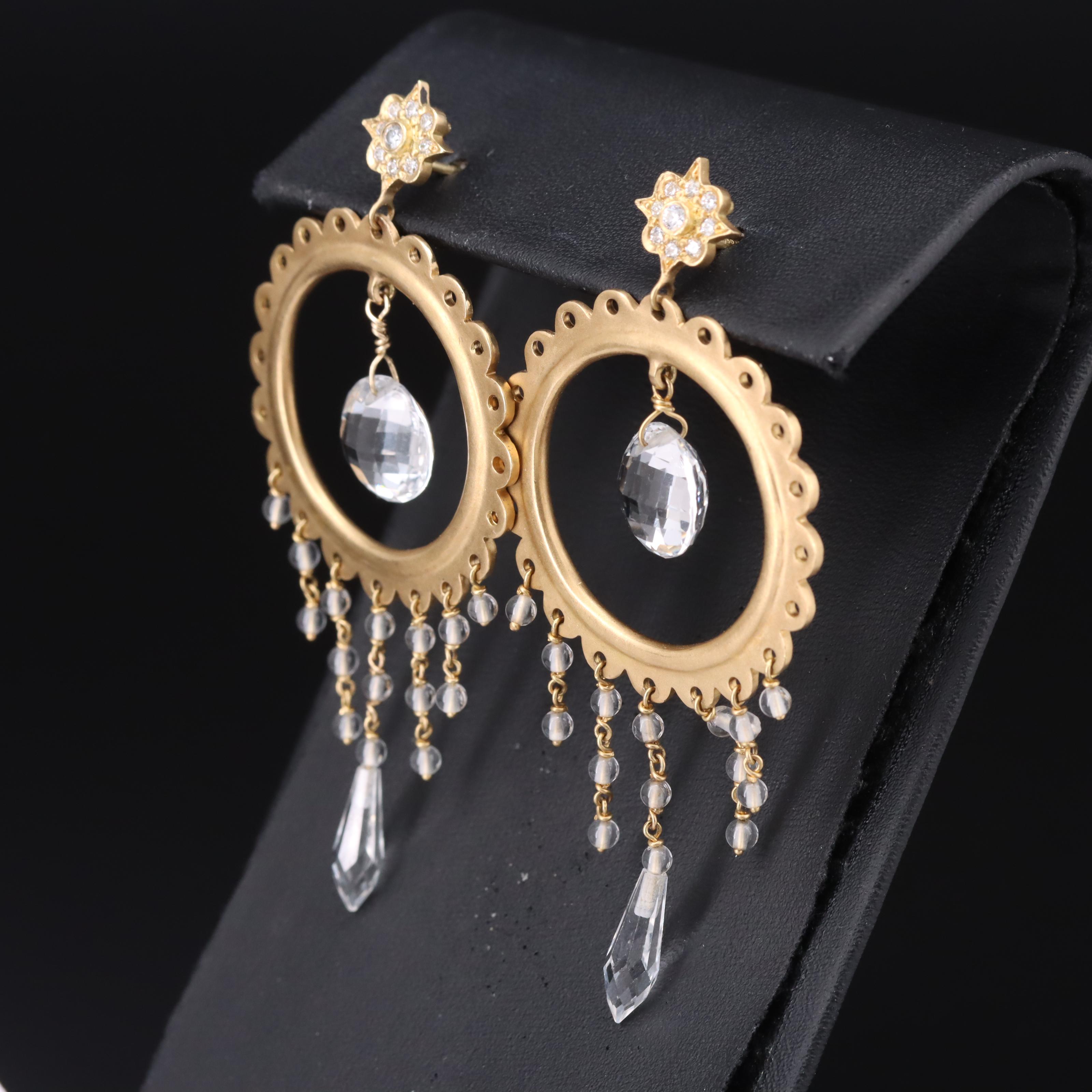 18K Diamond, Topaz and Quartz Scalloped Hoop Fringe Earrings