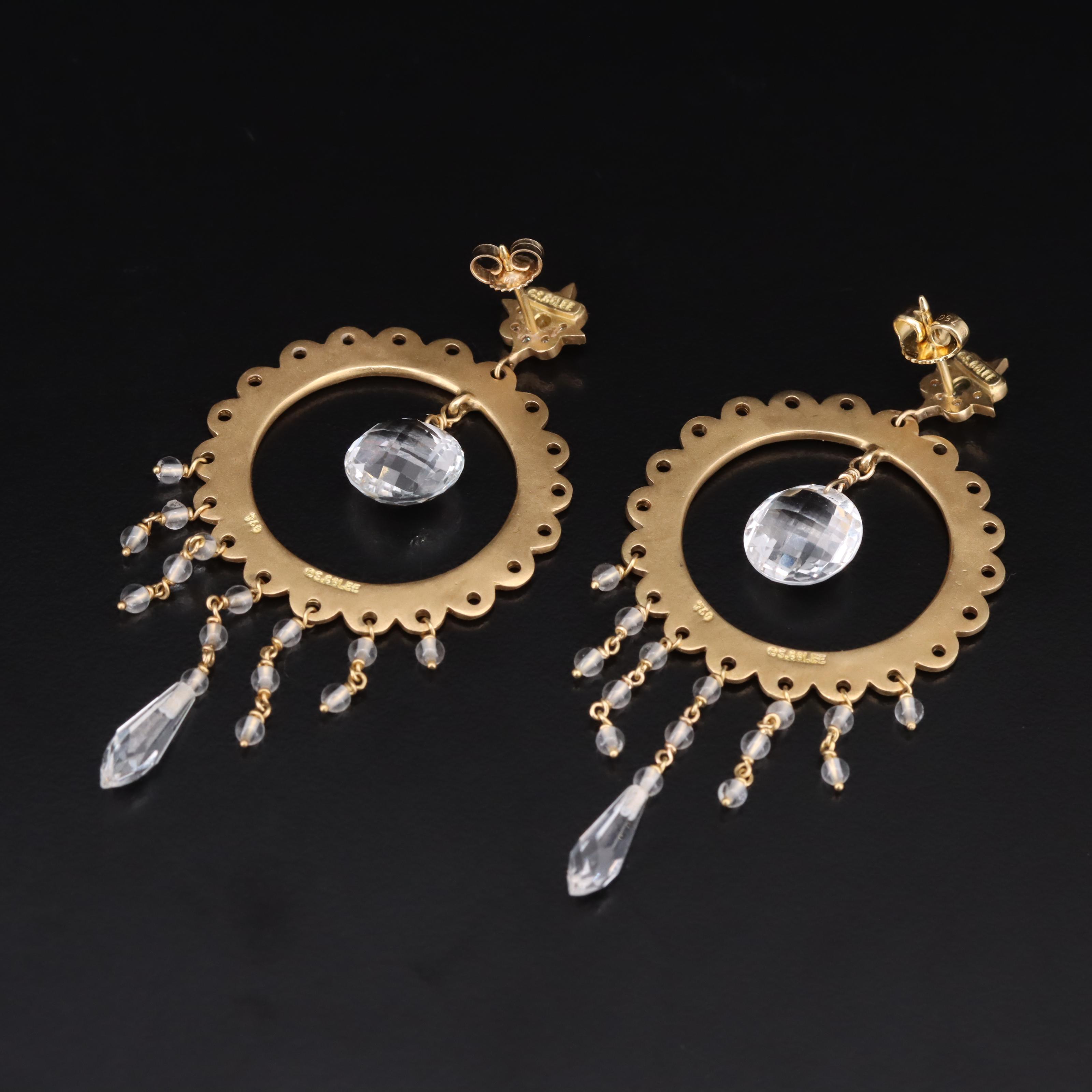 18K Diamond, Topaz and Quartz Scalloped Hoop Fringe Earrings