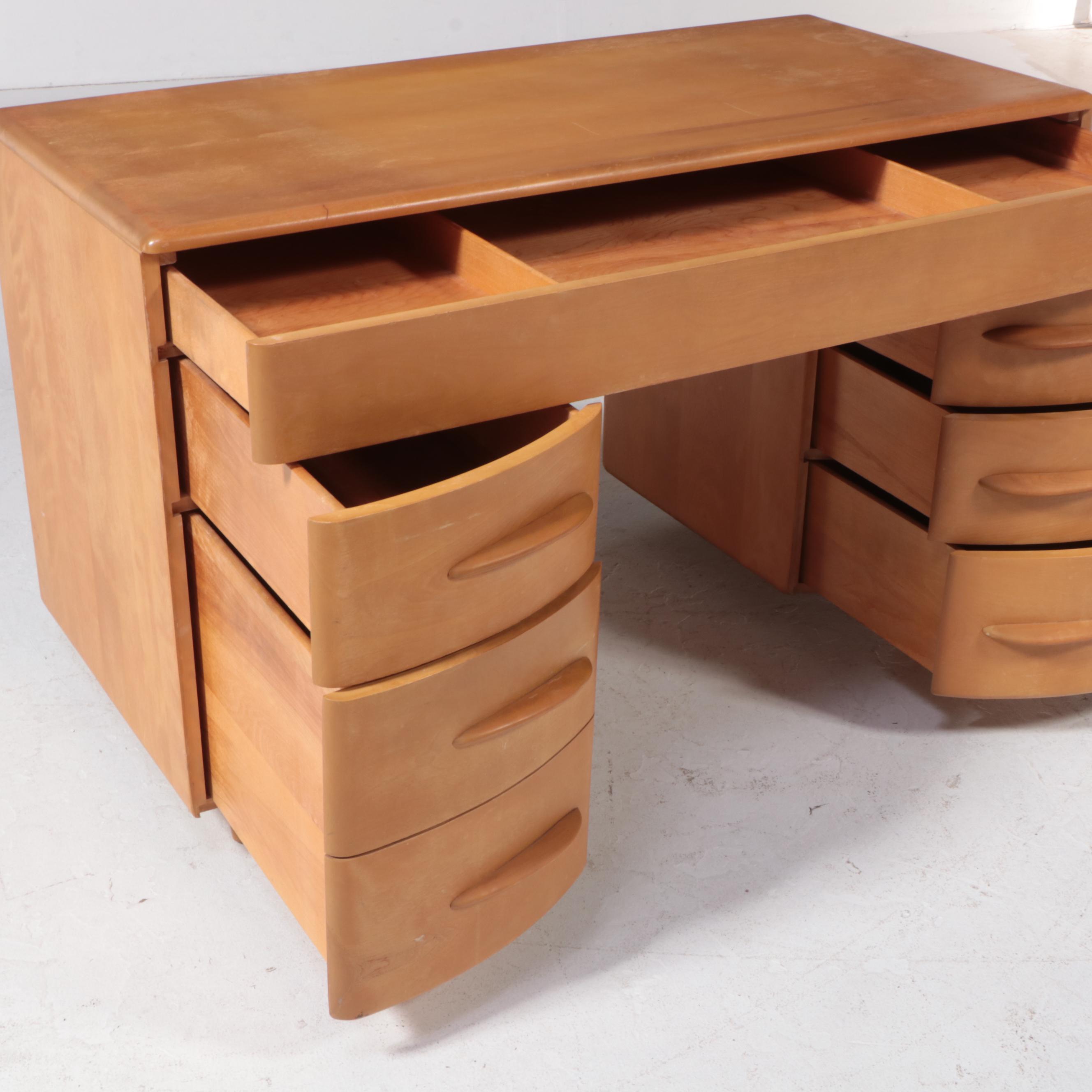 Heywood-Wakefield Mid Century Modern Double-Pedestal Desk in Wheat Finish